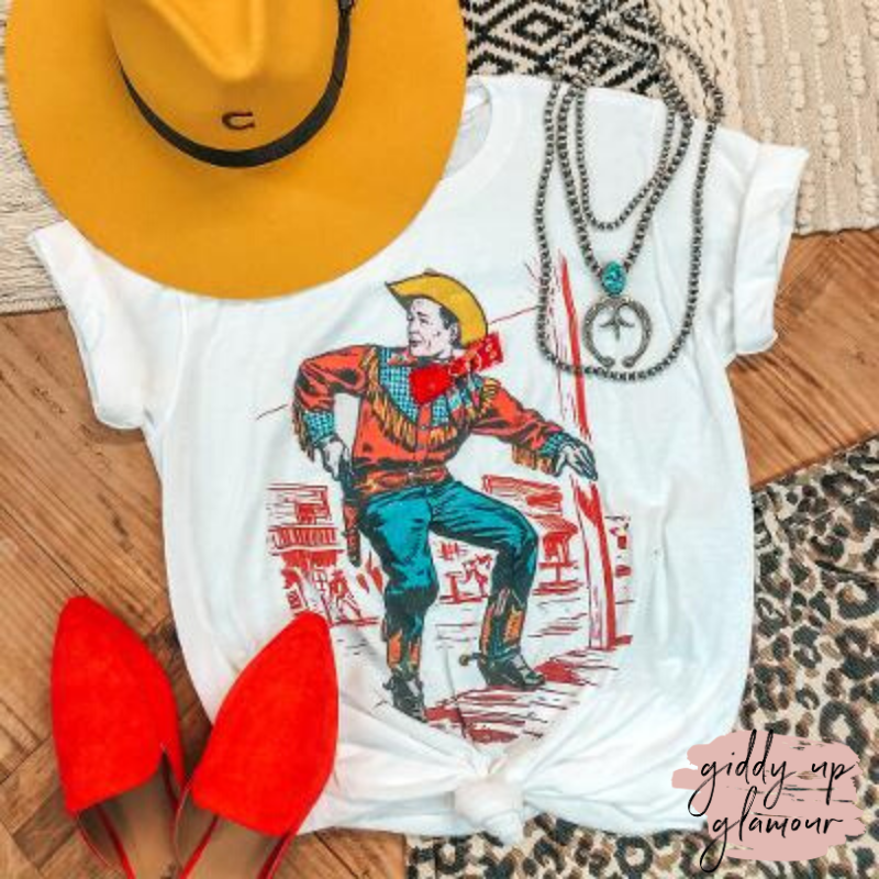 Quick Draw Cowboy Graphic Tee with Bandanna in White - Giddy Up Glamour Boutique