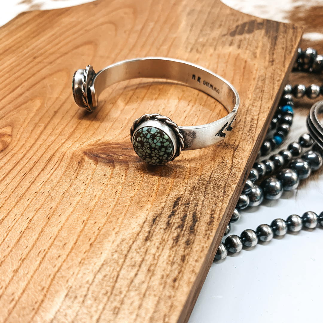 Rick Enricuez | Navajo Handmade Detailed Sterling Silver Cuff with Kingman Turquoise Endings - Giddy Up Glamour Boutique