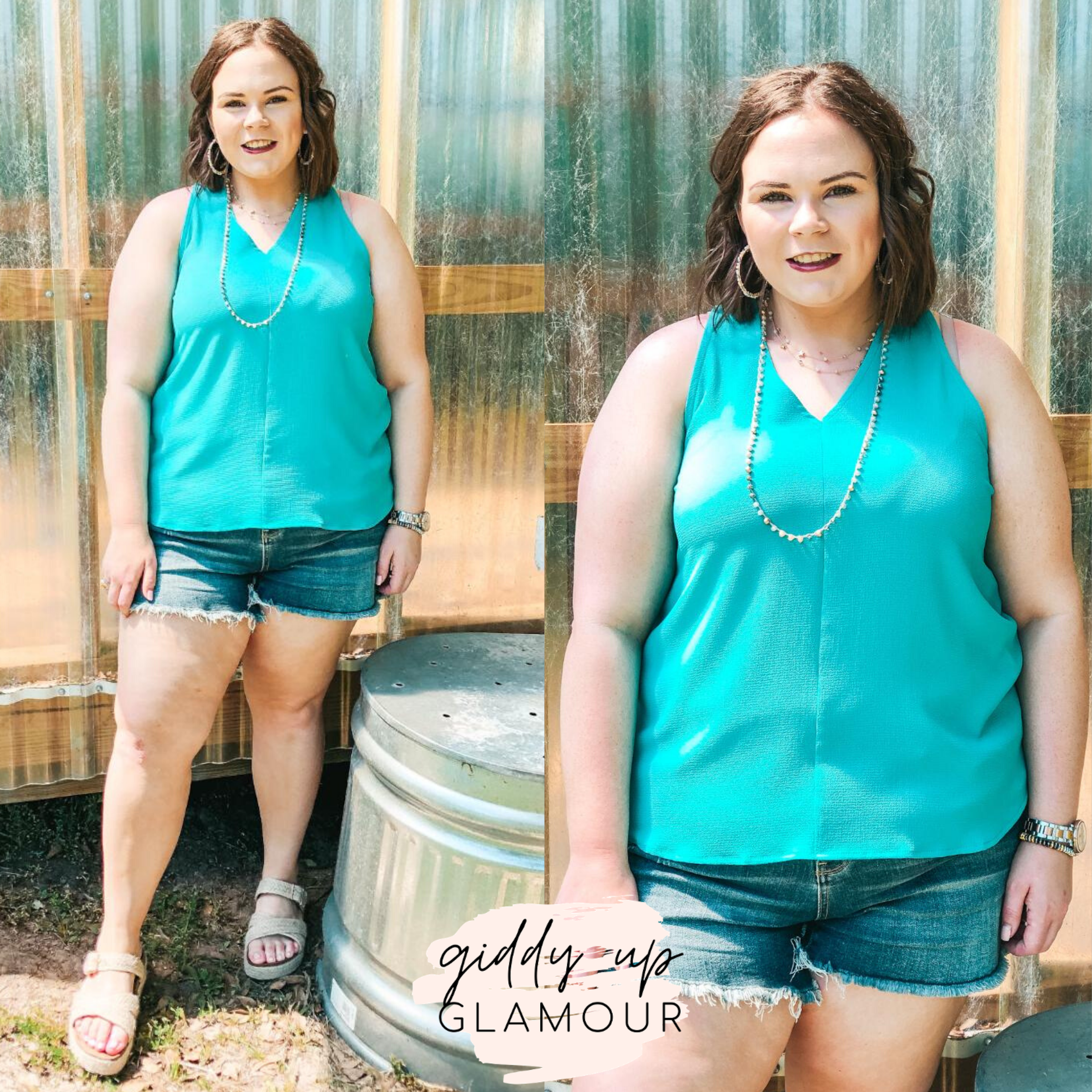 Last Chance Size Small & Medium | A Graceful Way V-Neck Tank Top with Ribbon in Turquoise - Giddy Up Glamour Boutique