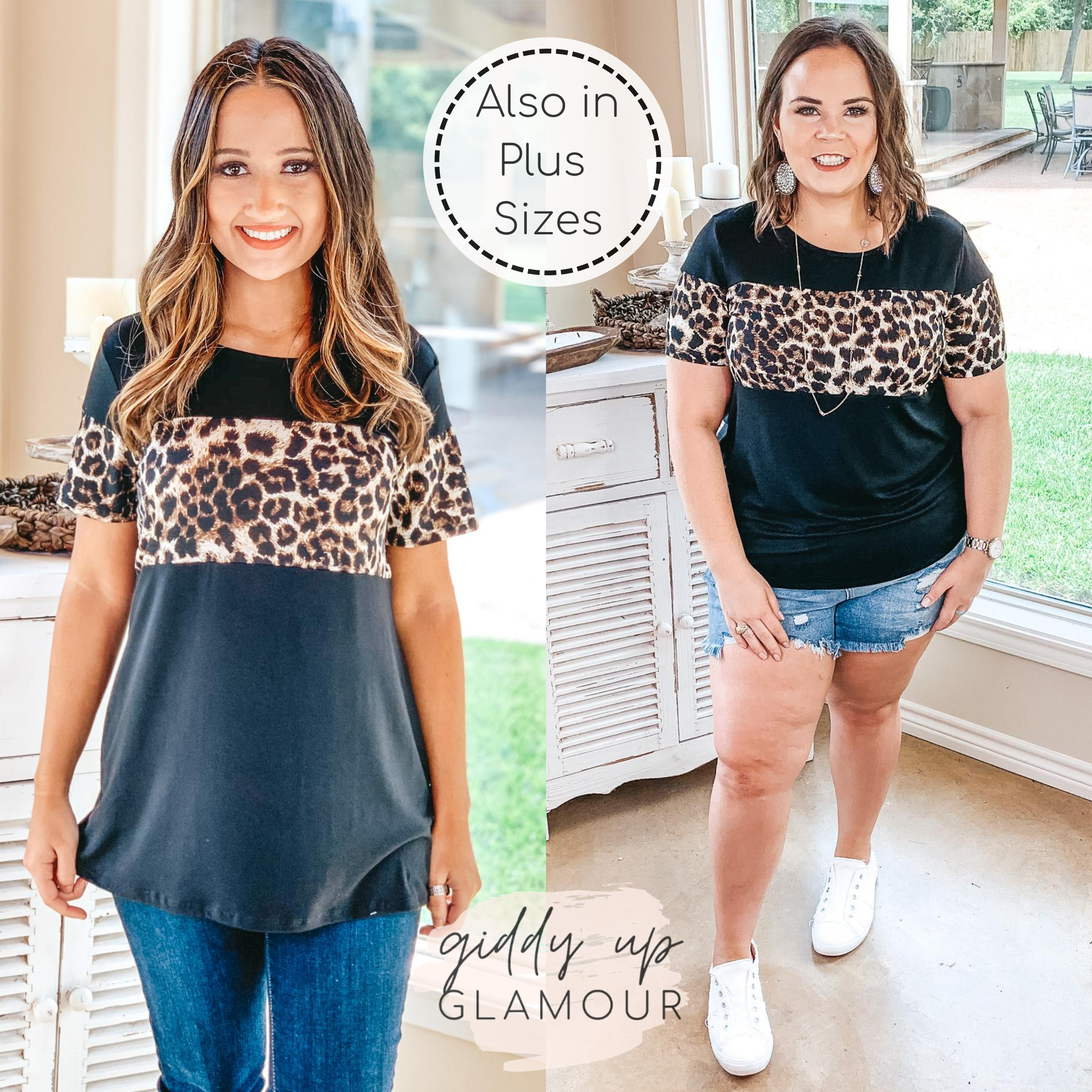 Last Chance Size Small | Always the Same Thing Short Sleeve Top with Leopard Accents in Black - Giddy Up Glamour Boutique