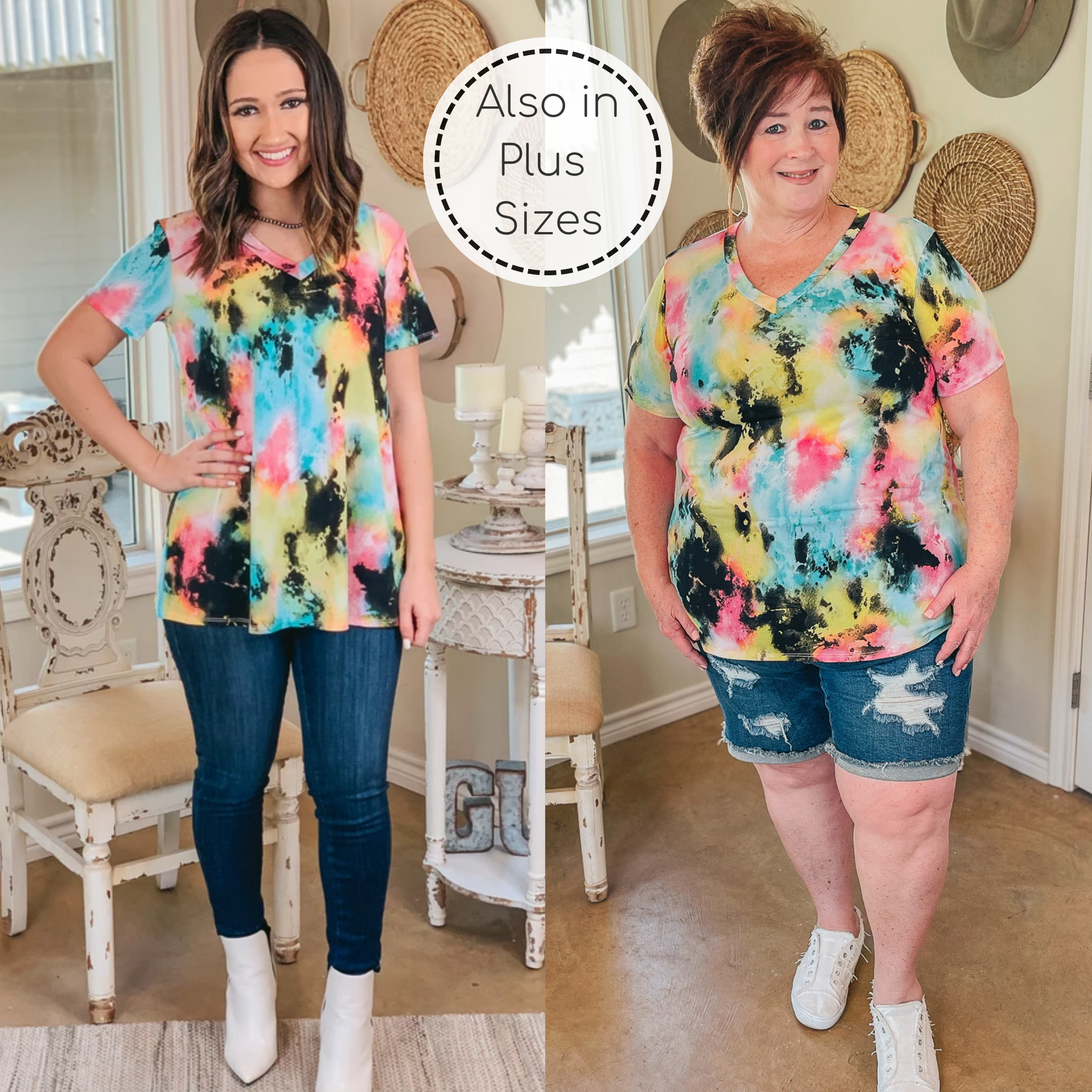 Last Chance Size Small | Keep Things Simple Tie Dye V Neck Tee in Black Multi - Giddy Up Glamour Boutique