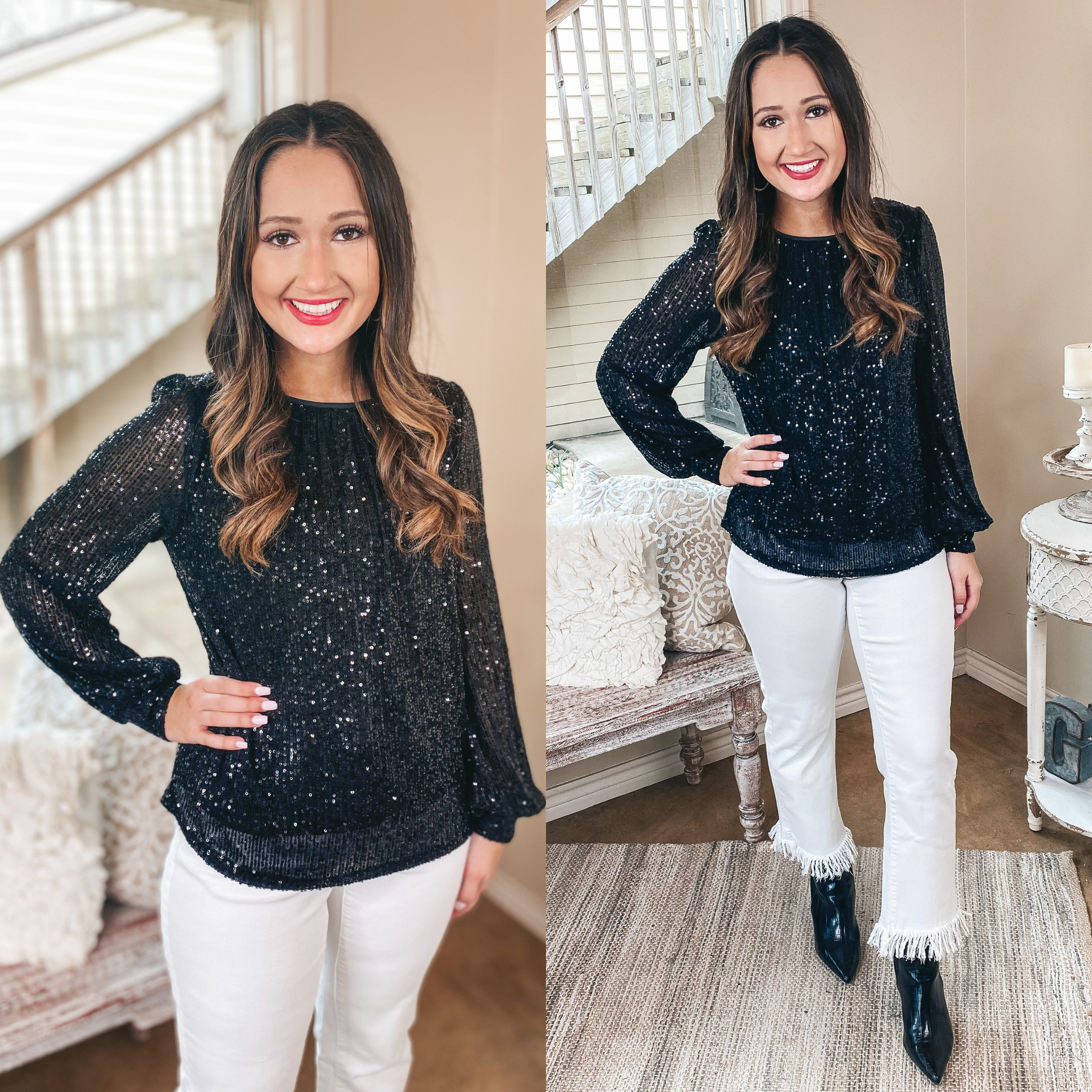 Always A Good Time Long Sleeve Sequin Top in Black - Giddy Up Glamour Boutique
