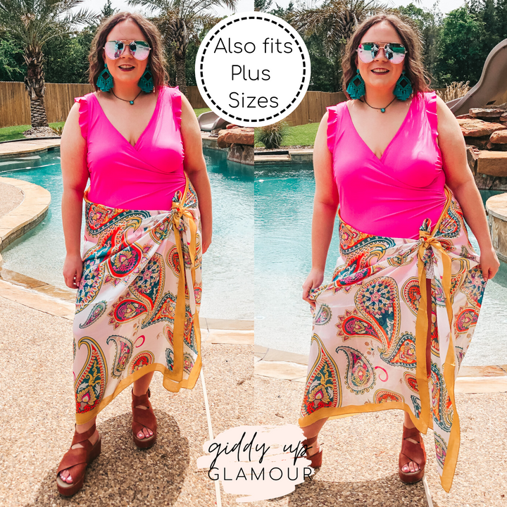 Let's Wrap This Up Large Paisley Satin Sarong with Mustard Trim - Giddy Up Glamour Boutique
