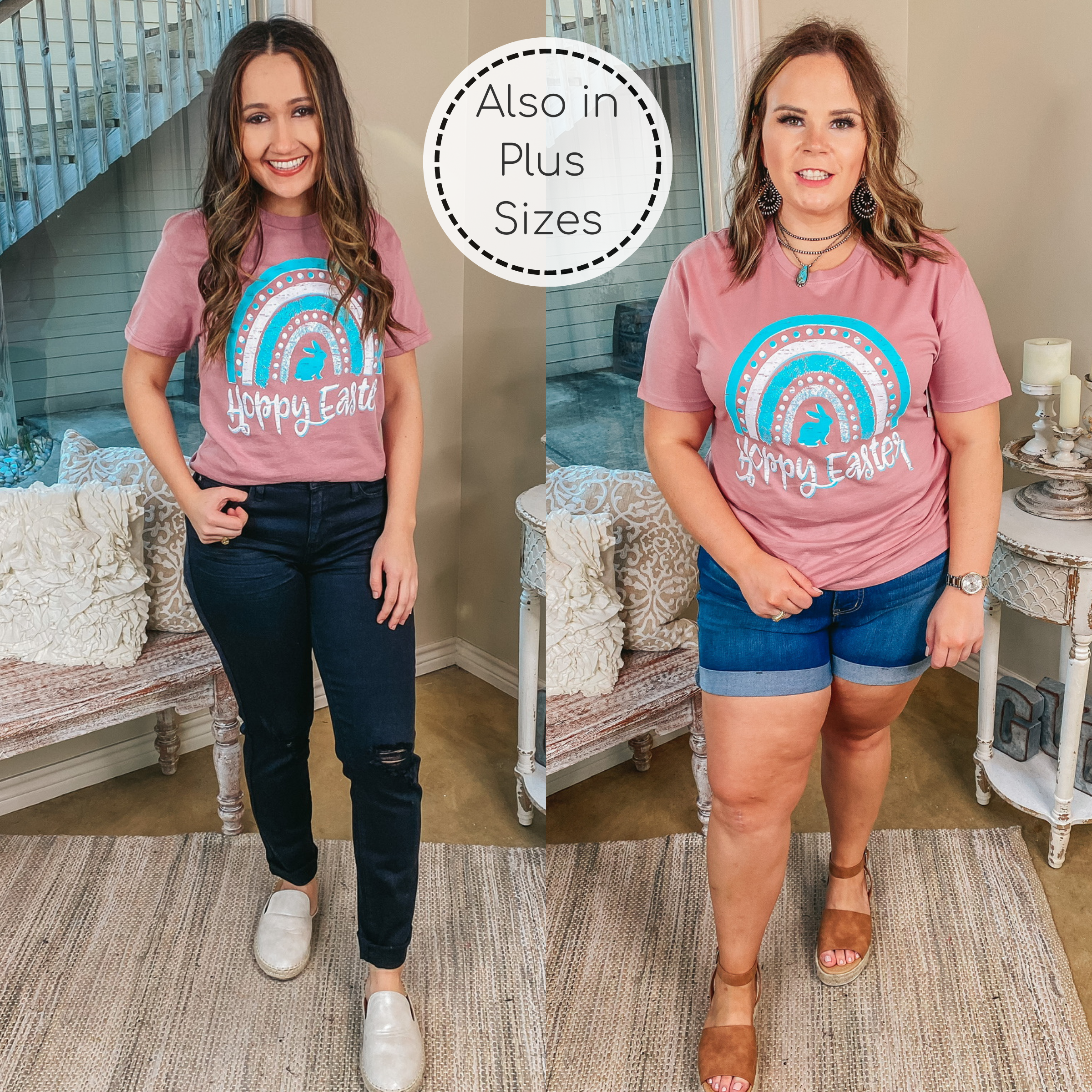 Hoppy Easter Rainbow Short Sleeve Graphic Tee in Mauve Pink - Giddy Up Glamour Boutique