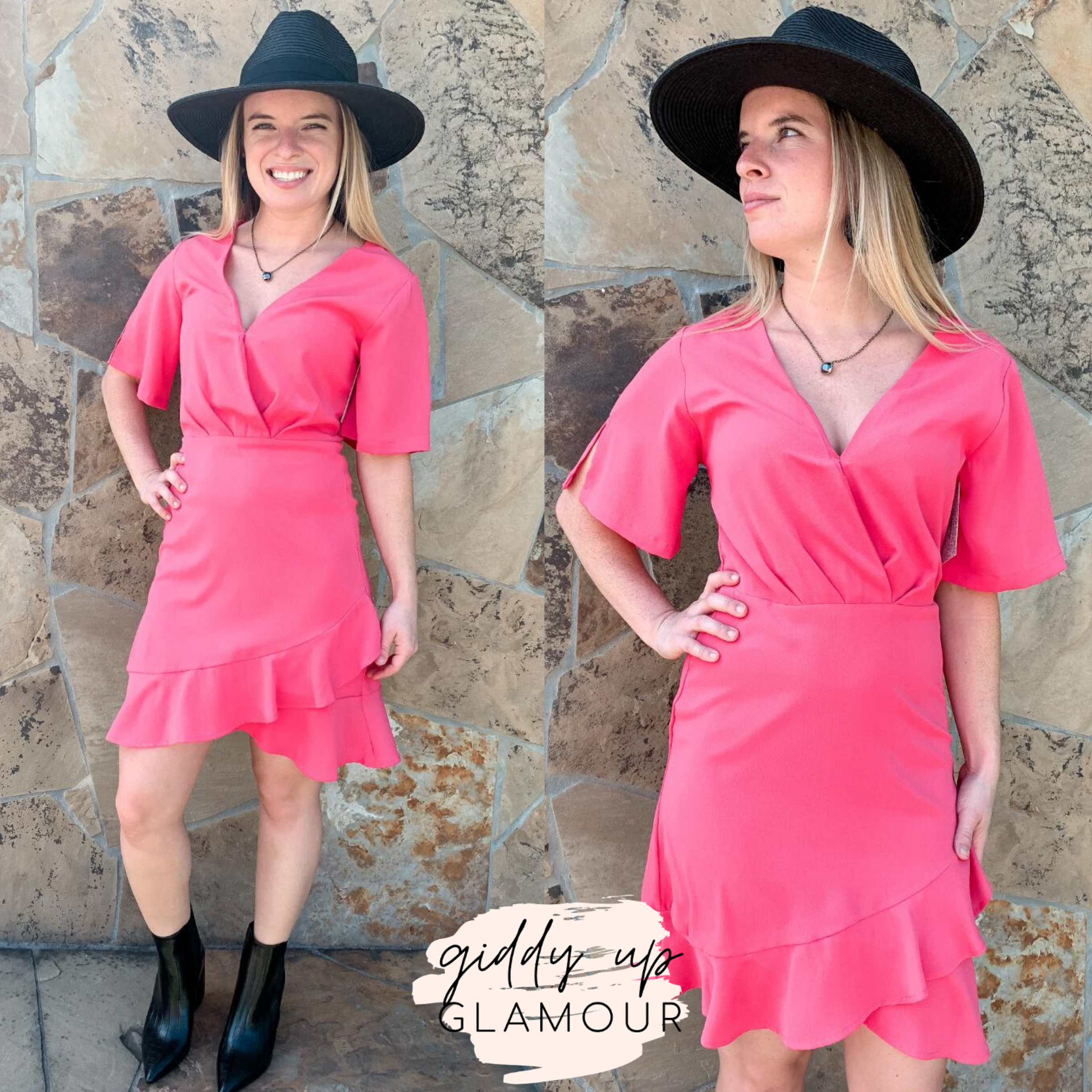 Swept Away Deep V Dress with Ruffle Hem in Fuchsia - Giddy Up Glamour Boutique