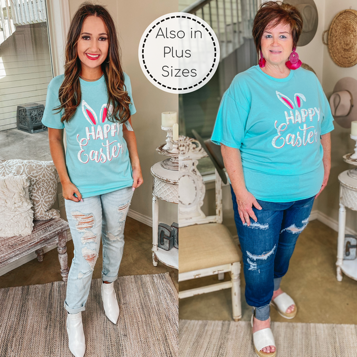 Happy Easter Bunny Ears Graphic Tee in Neon Mint - Giddy Up Glamour Boutique