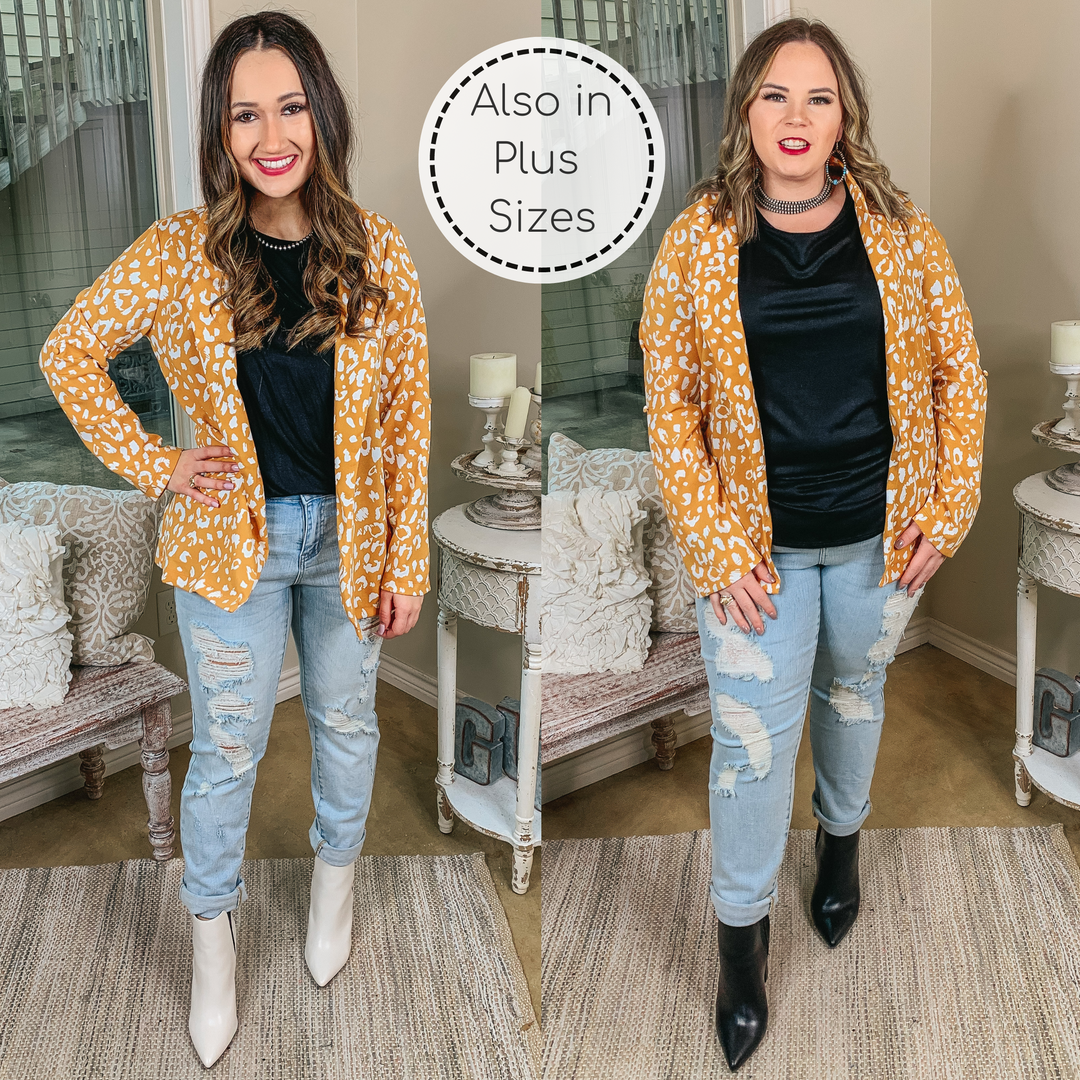 Out Of Office Leopard Print Open Front Blazer with Long Sleeves in Mustard Yellow - Giddy Up Glamour Boutique