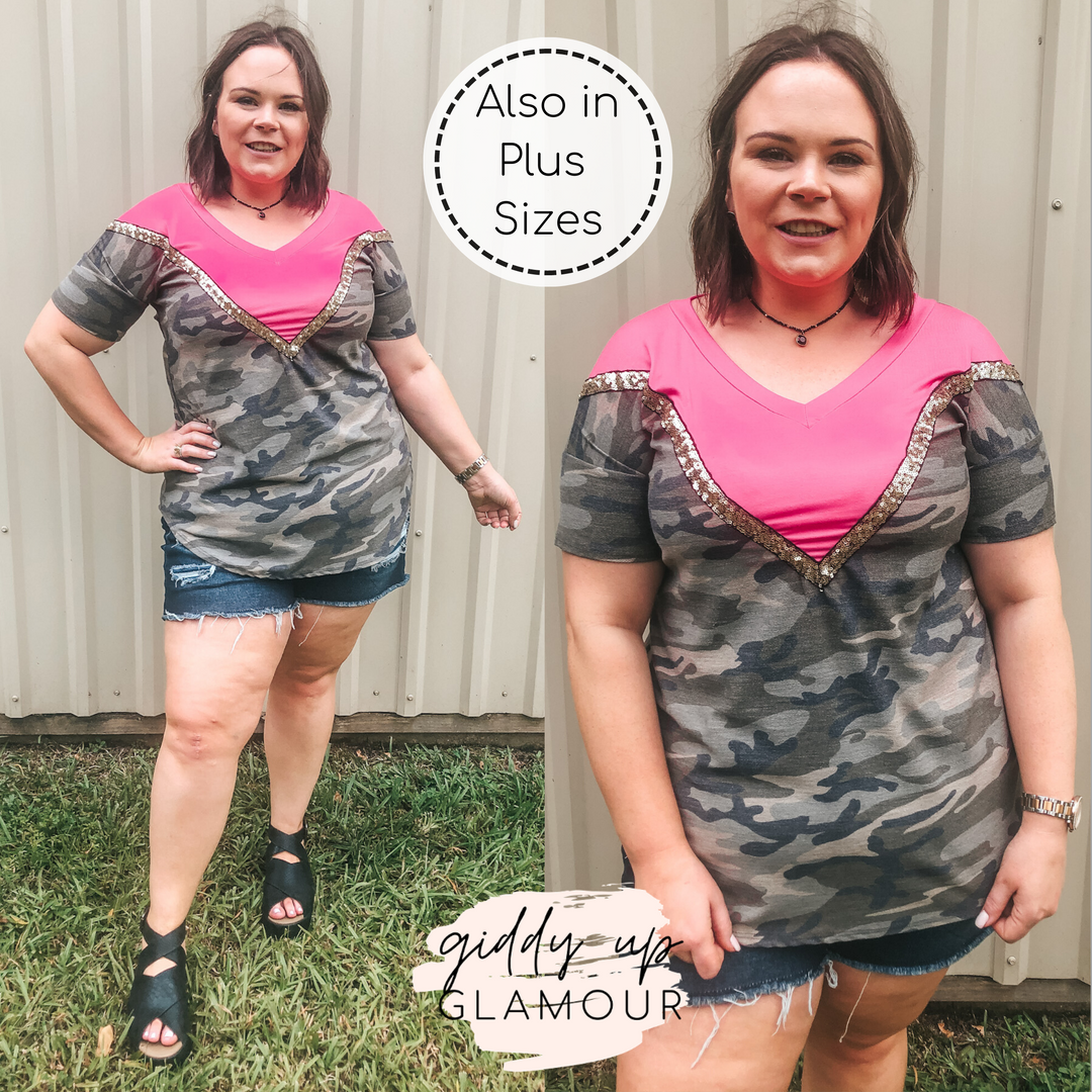 Keeping The Vibe V Neck Tee with Sequin Detailing in Camouflage and Fuchsia - Giddy Up Glamour Boutique