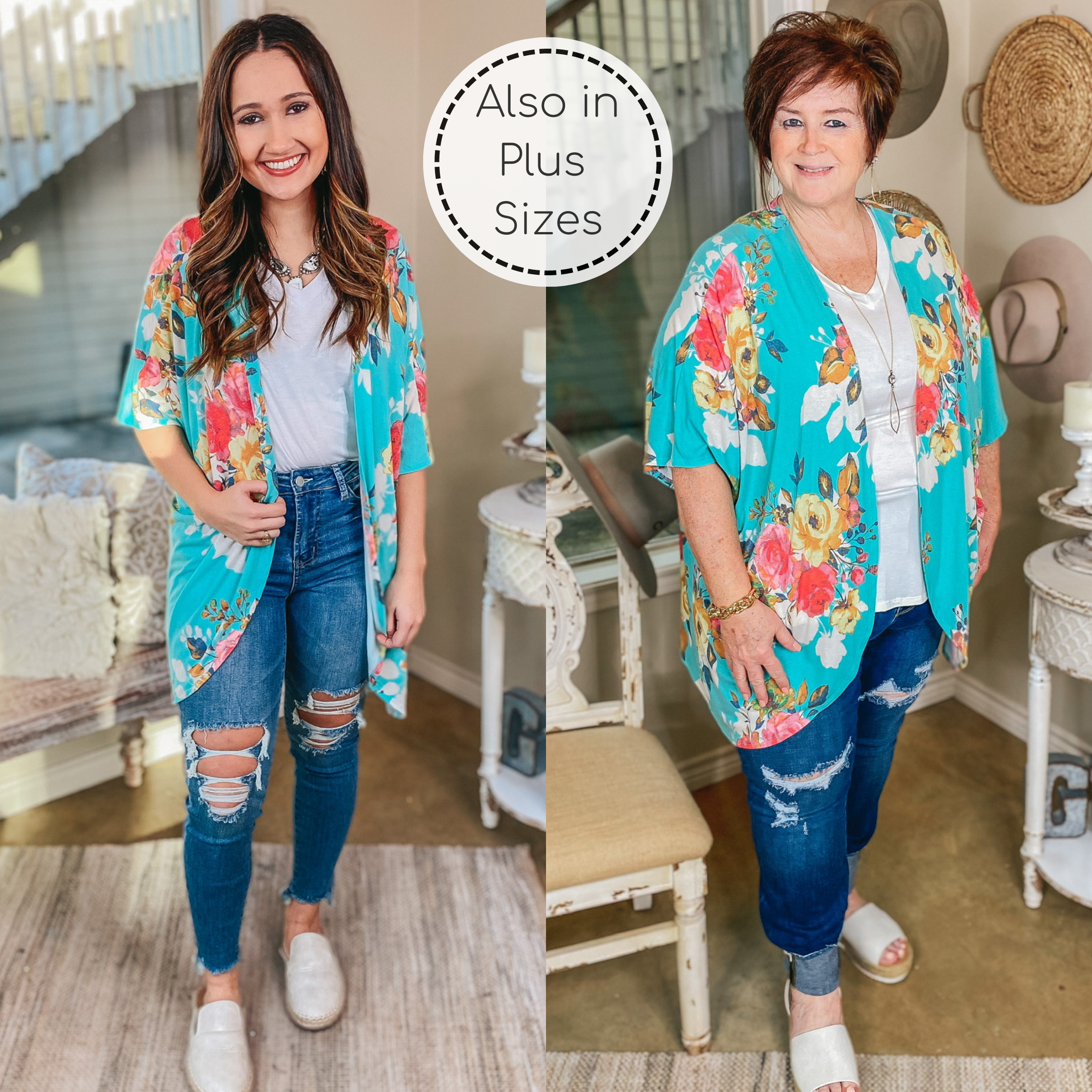 Last Chance Size S, M, & 1XL | Toes in the Sand Floral Print Kimono in Mint - Giddy Up Glamour Boutique
