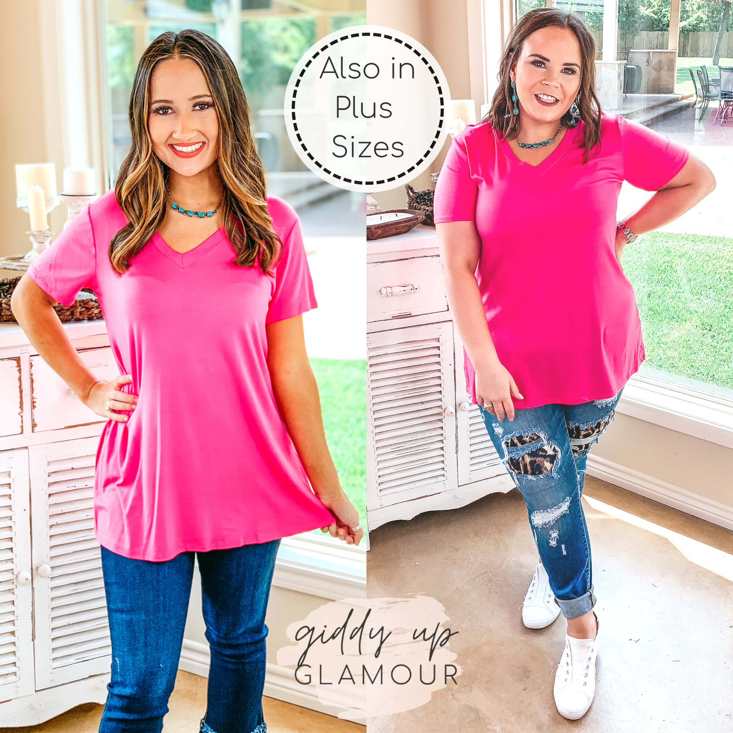 It's That Simple Solid V Neck Tee in Fuchsia Pink - Giddy Up Glamour Boutique