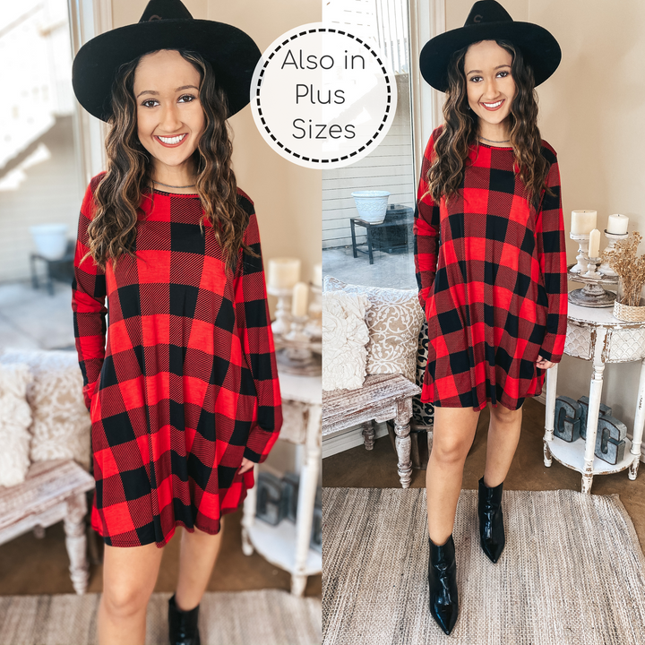 High Spirits Long Sleeve Buffalo Plaid Dress with Pockets in Red - Giddy Up Glamour Boutique