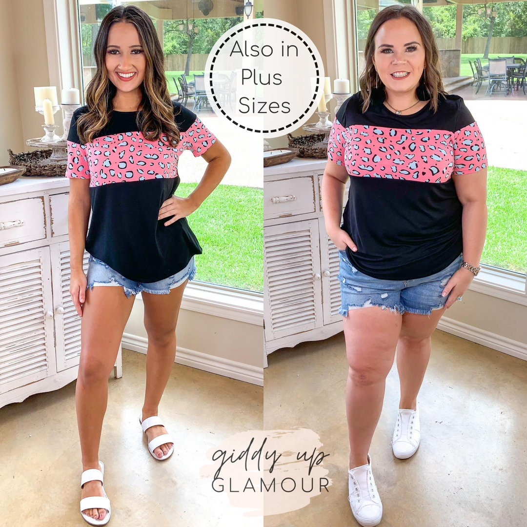 Last Chance Size Small | Always the Same Thing Short Sleeve Top with Pink Animal Print Accents in Black - Giddy Up Glamour Boutique