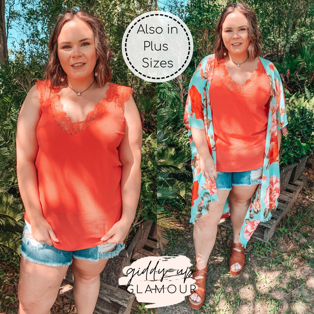 On Replay Solid Color Camisole with Lace Sleeves in Coral - Giddy Up Glamour Boutique