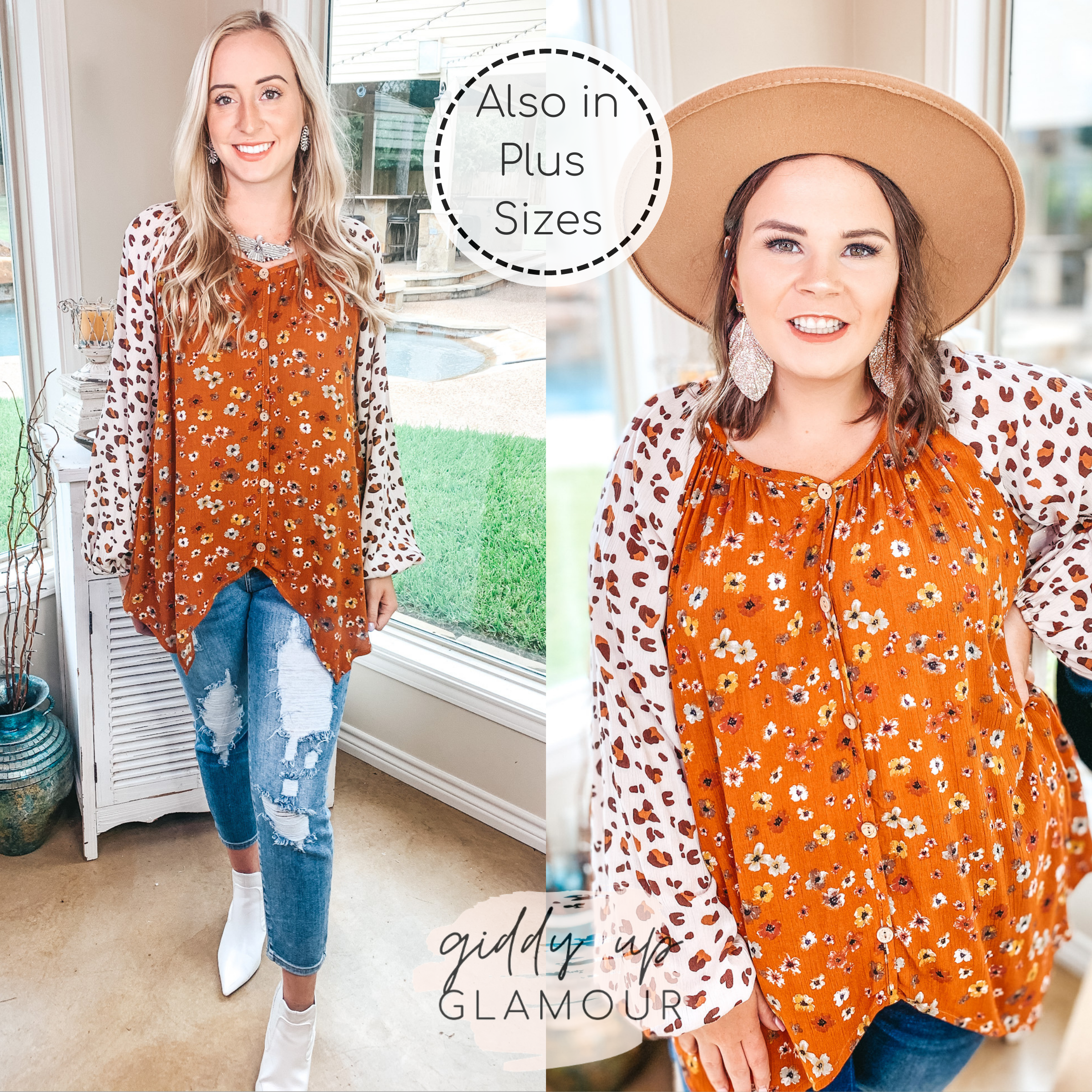 The Colors of Fall Rust Floral Button Up Top with Ivory Leopard Sleeves - Giddy Up Glamour Boutique