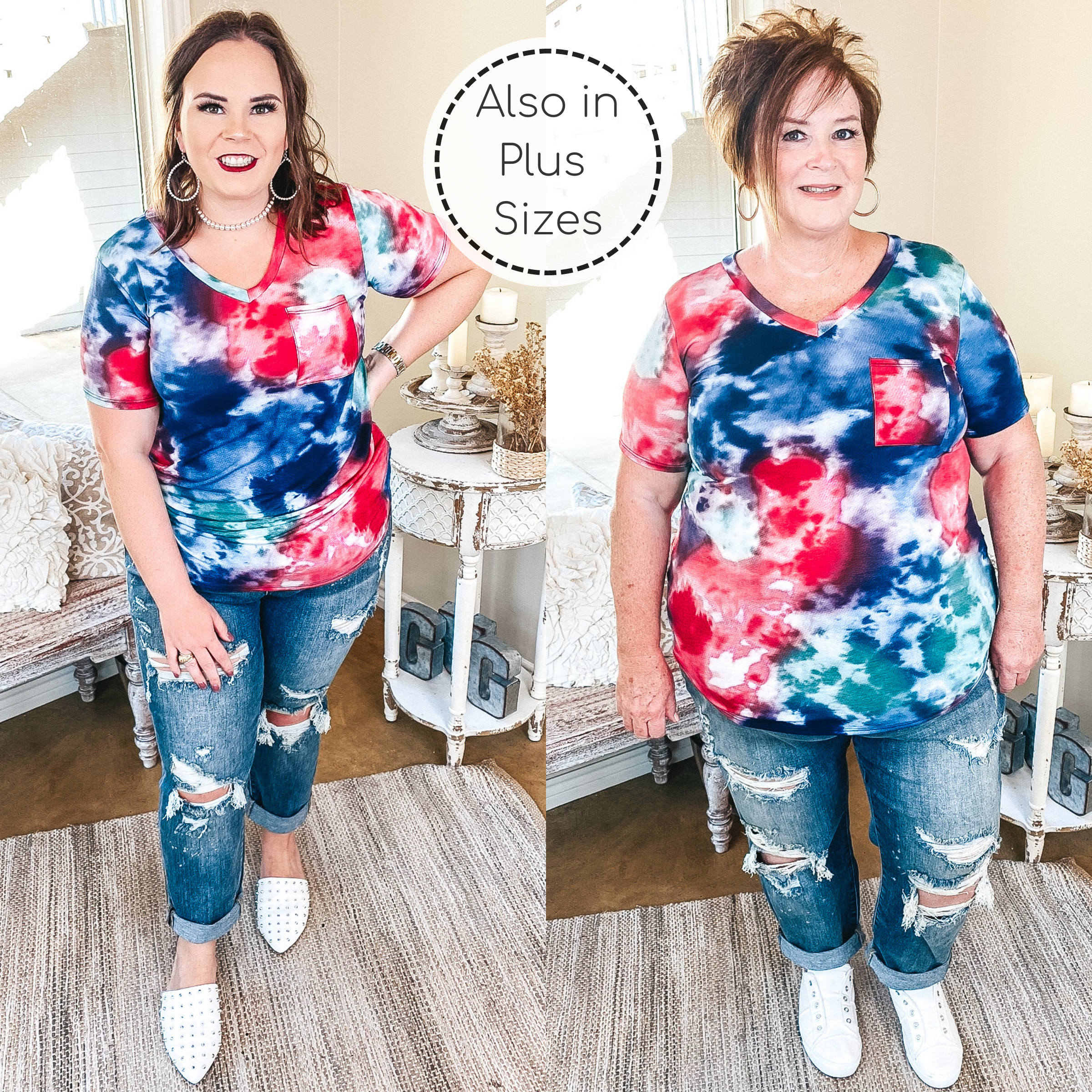 Last Chance Size S & M | Just Right Short Sleeve Tie Dye V Neck Pocket Tee in Navy and Red - Giddy Up Glamour Boutique