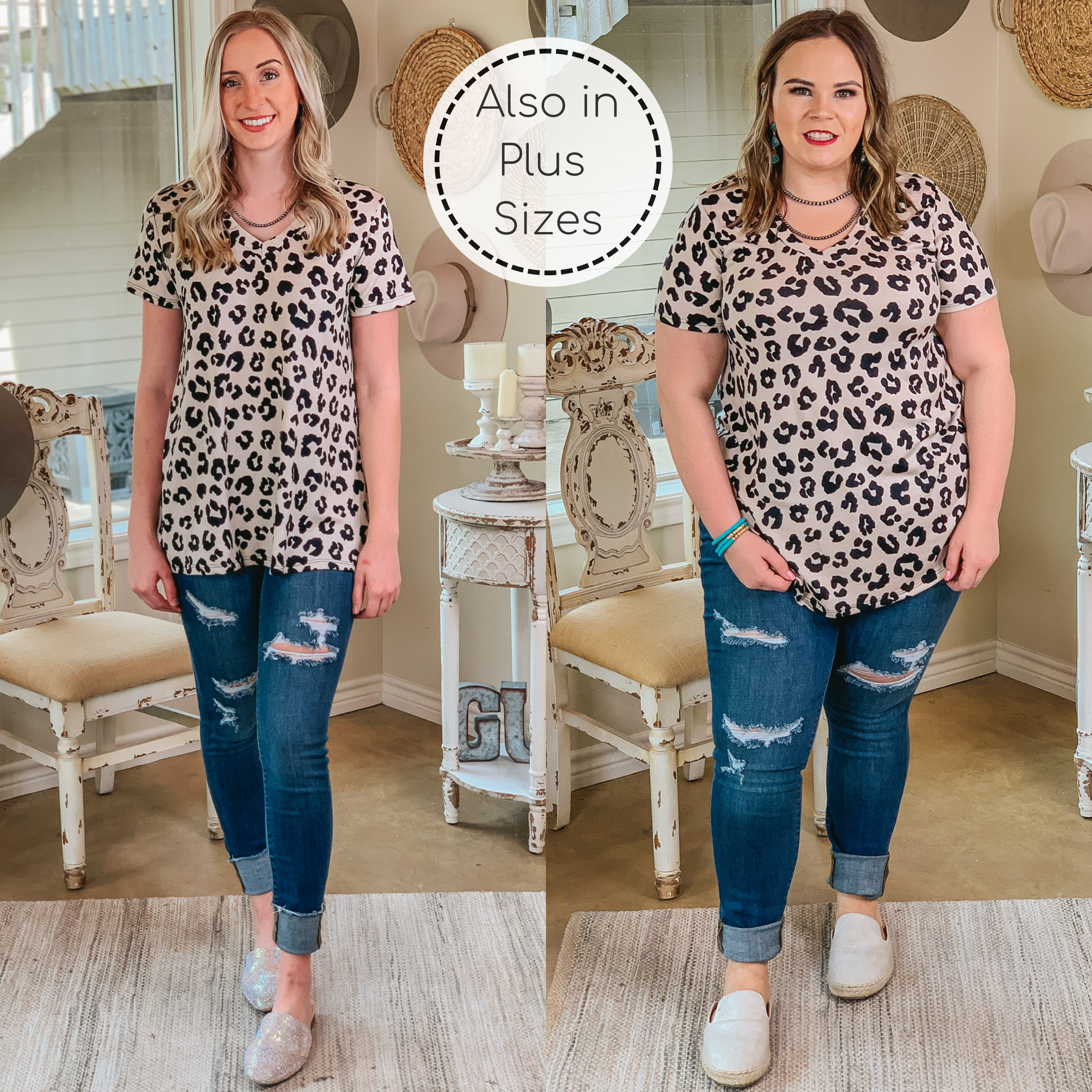 Keep Things Simple Leopard V Neck Tee Shirt in Beige - Giddy Up Glamour Boutique