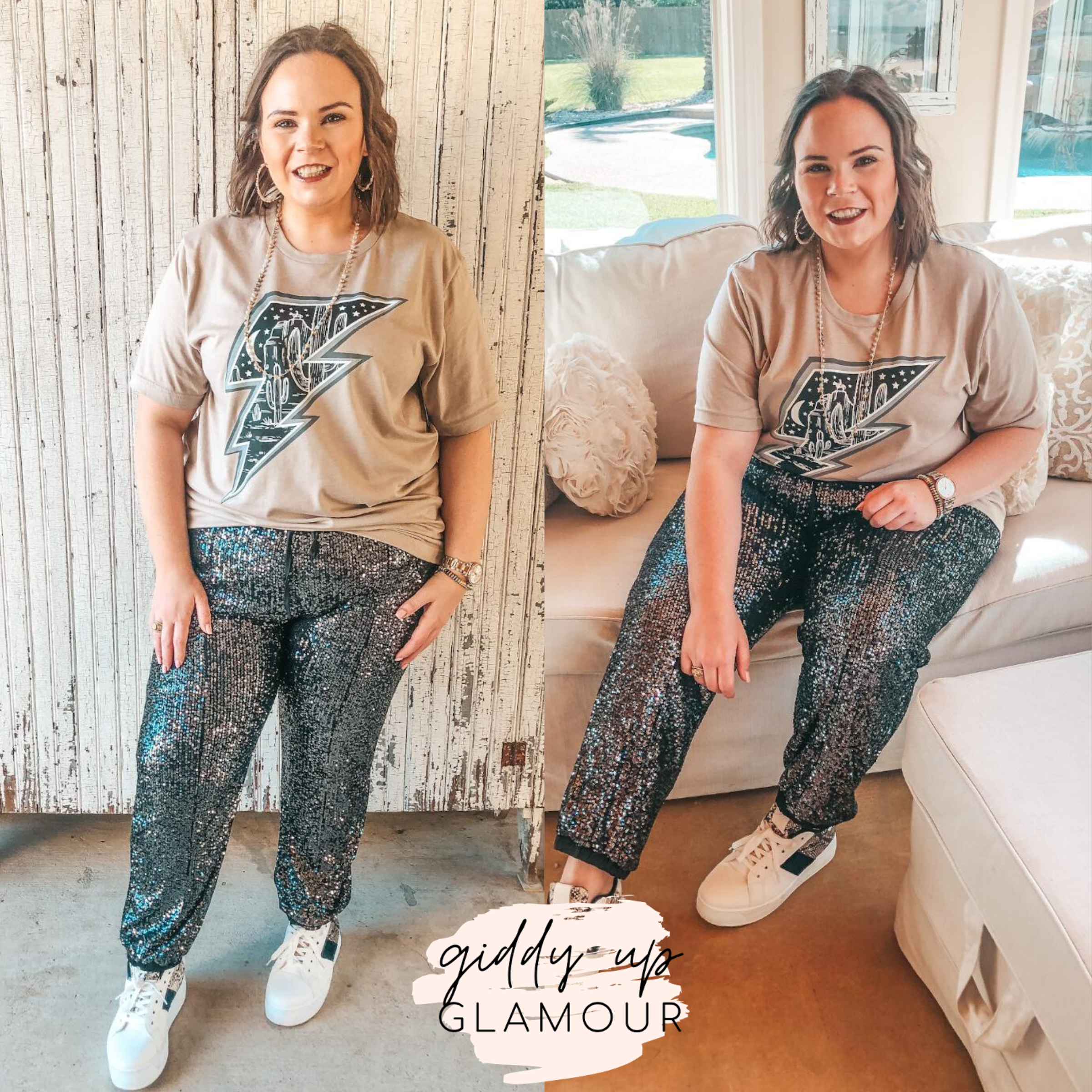 New Comfort Zone Sequin Joggers in Black - Giddy Up Glamour Boutique