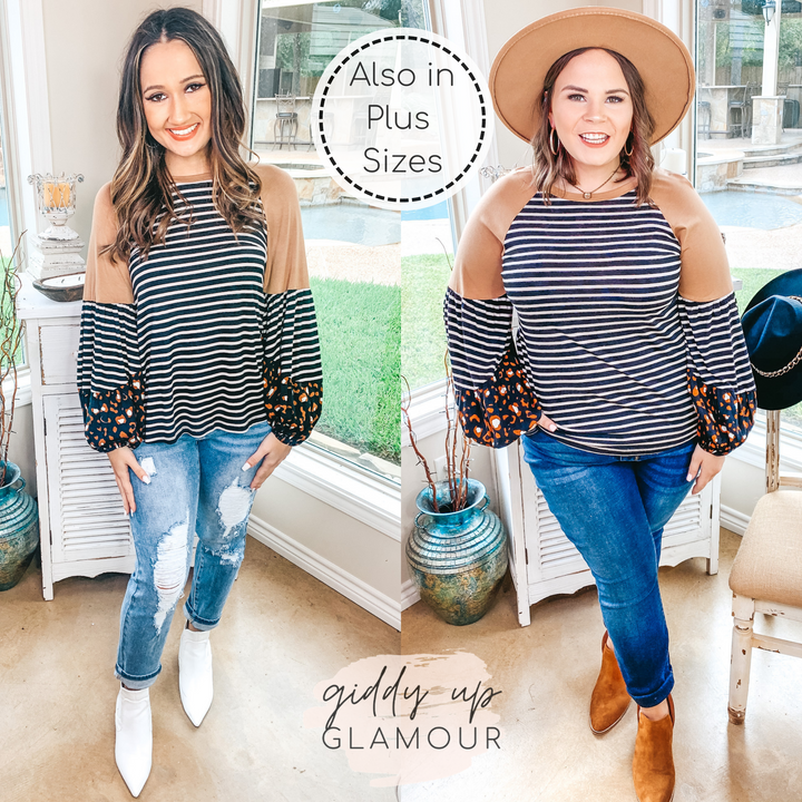 No Looking Back Striped Top with Multi Print Puff Sleeves in Black and Tan - Giddy Up Glamour Boutique