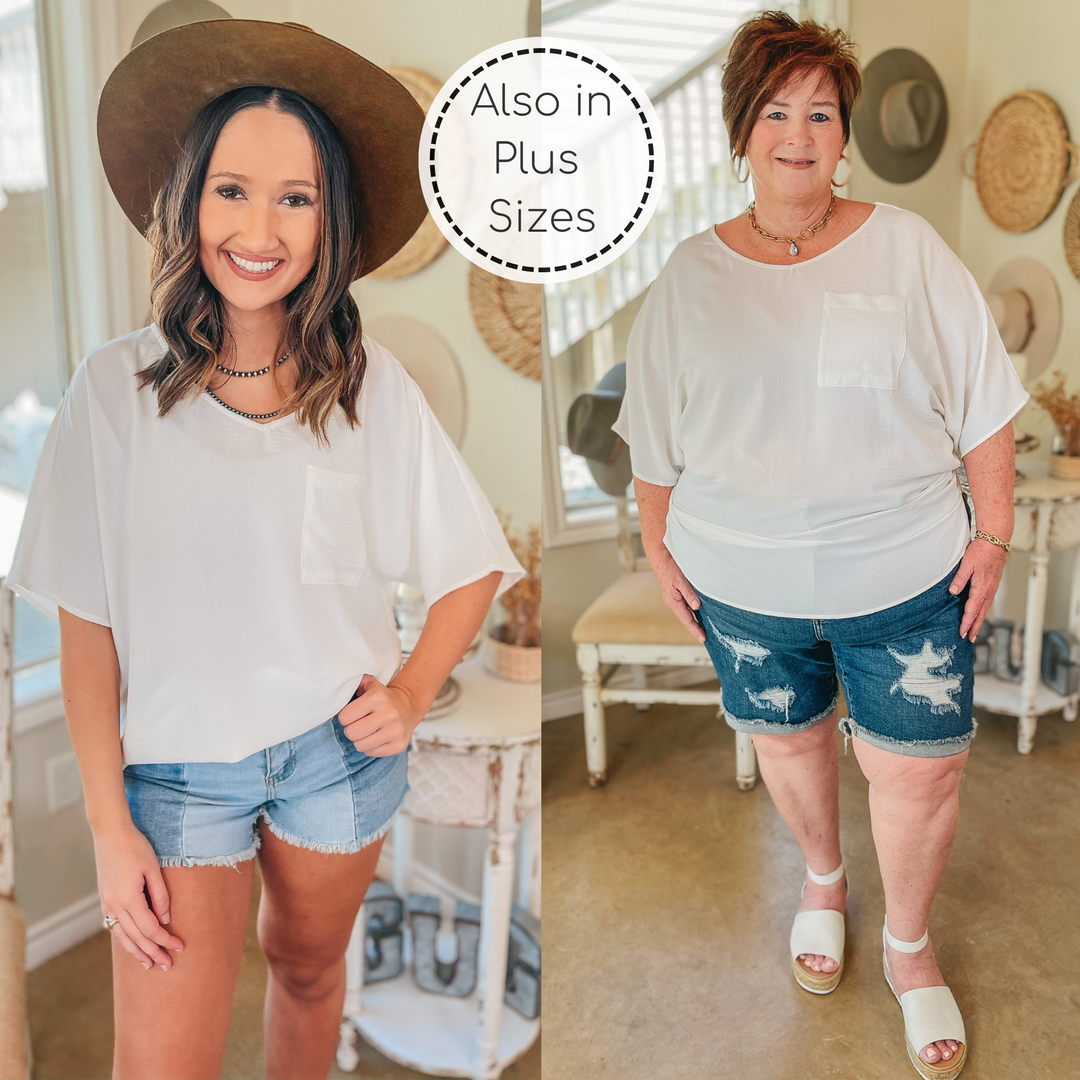 On Record V Neck Short Sleeve Shift Top with Front Pocket in Ivory - Giddy Up Glamour Boutique