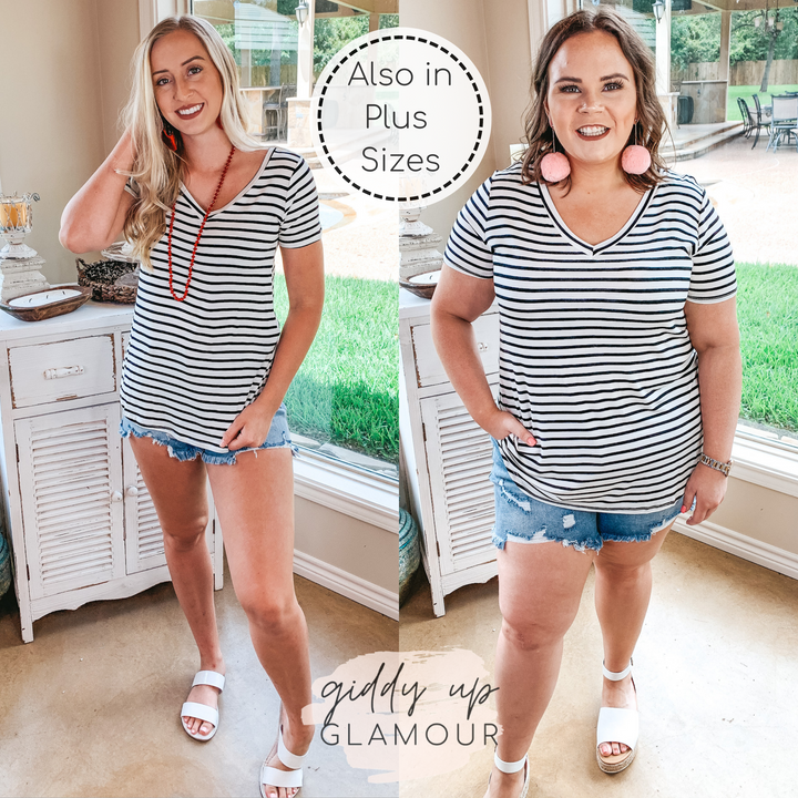 Simply The Best Striped V Neck Short Sleeve Tee Shirt in Ivory - Giddy Up Glamour Boutique