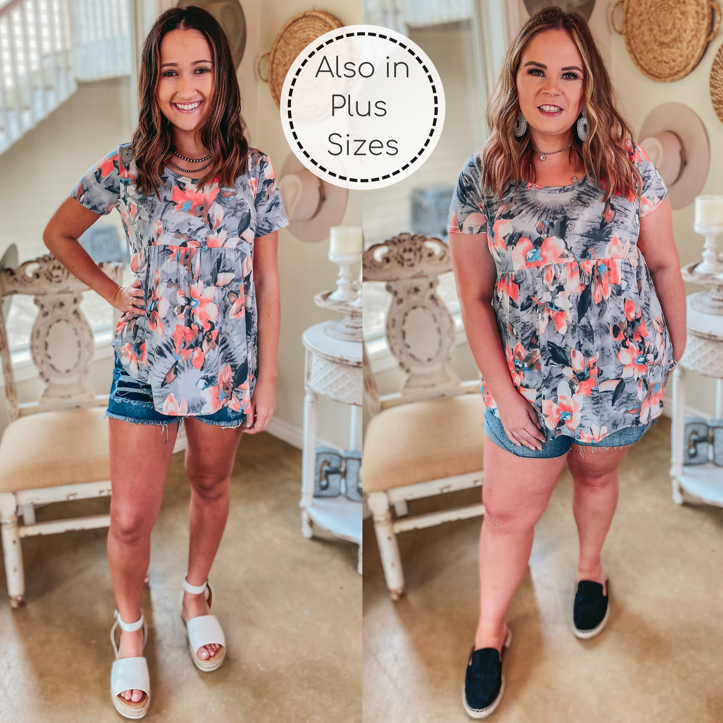 Last Chance Size Small | Spring Showers Floral Babydoll Top in Coral and Grey - Giddy Up Glamour Boutique
