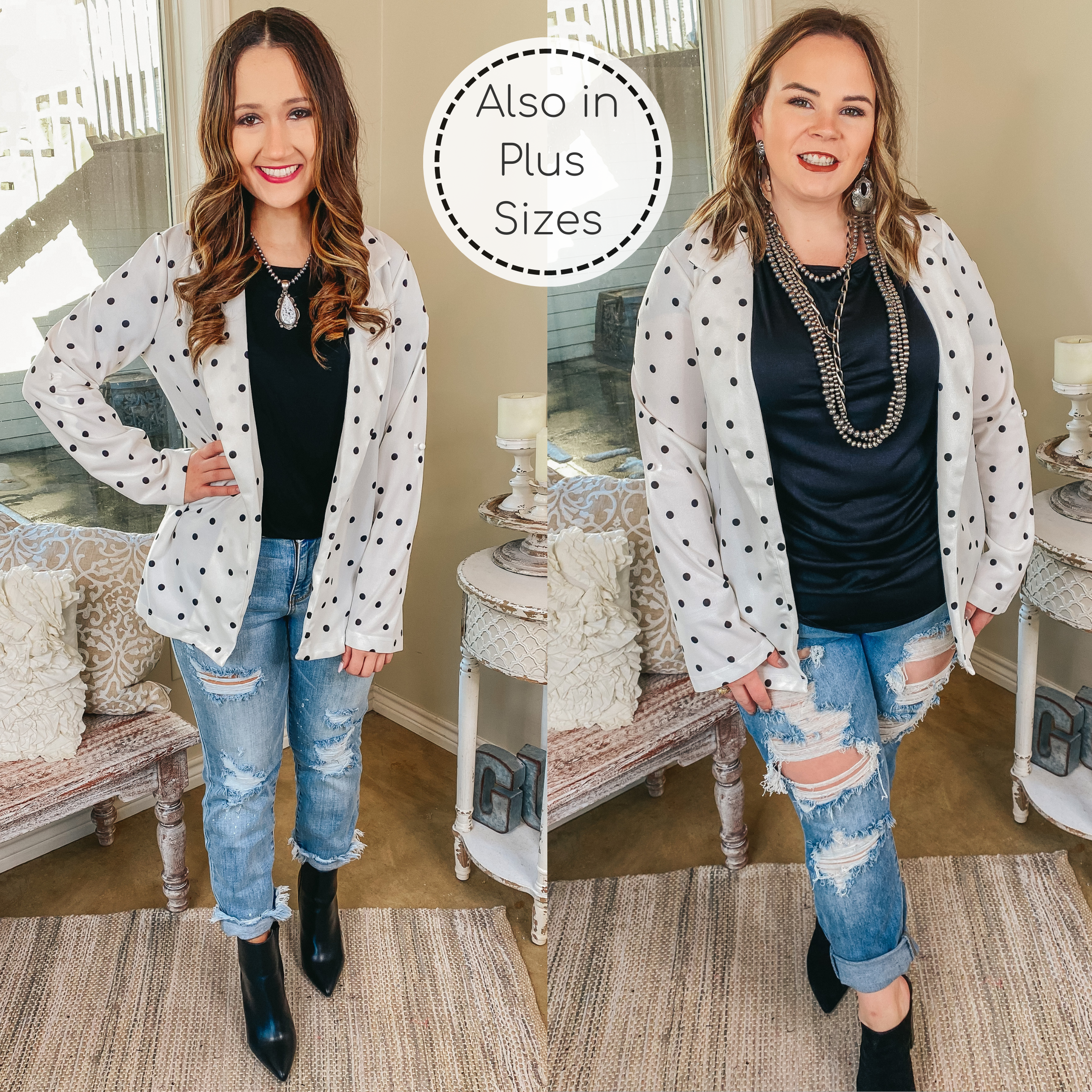 Out Of Office Polka Dot Open Front Blazer with Long Sleeves in White