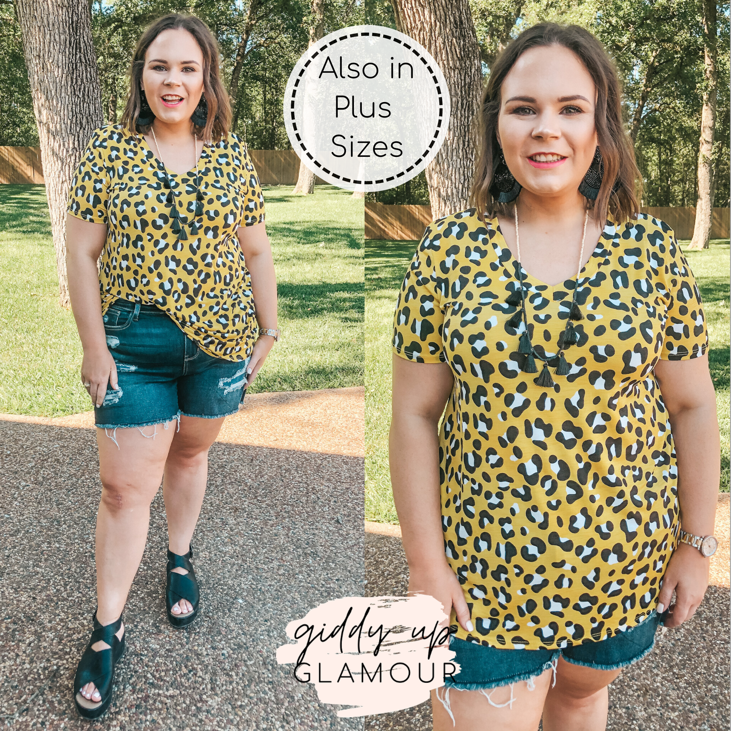 Last Chance Small | Keep Things Simple Leopard V Neck Tee in Yellow - Giddy Up Glamour Boutique