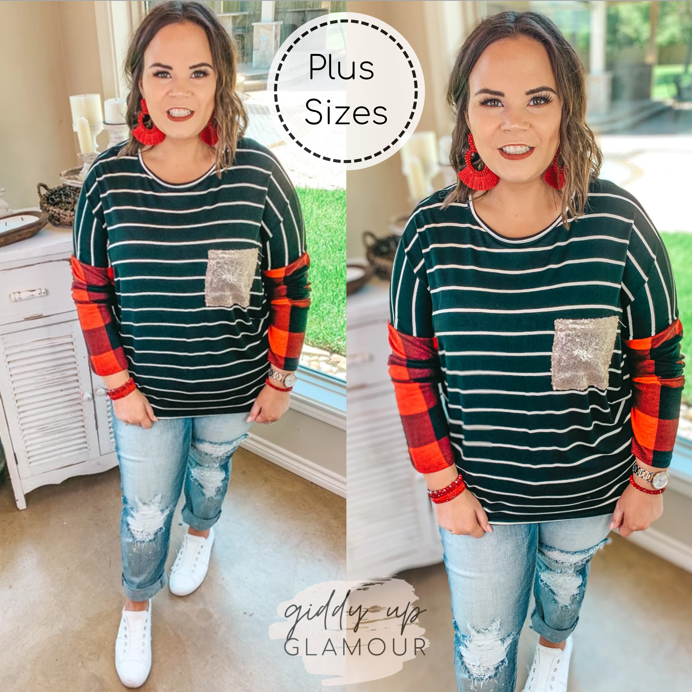Plus Sizes | Just Getting Started Buffalo Plaid and Striped Pocket Top in Red and Black - Giddy Up Glamour Boutique