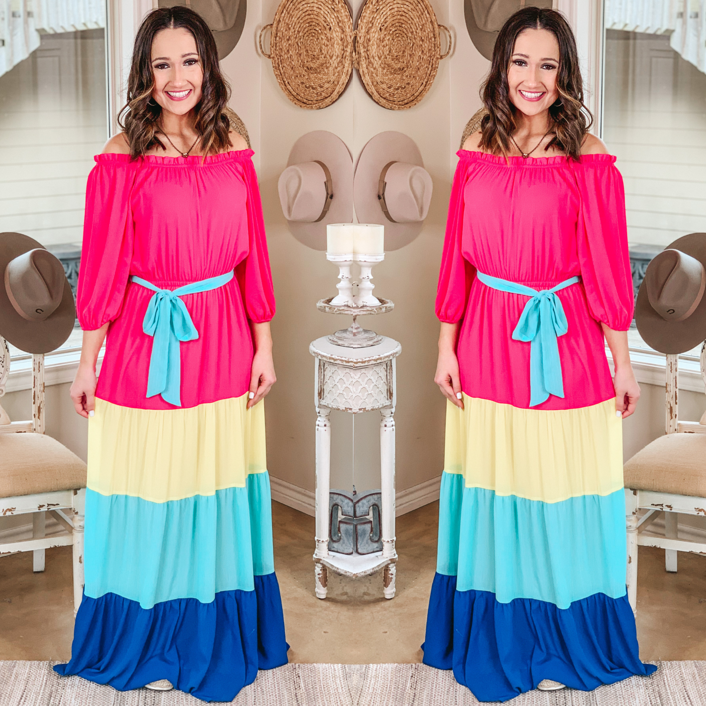 Soul of Sunshine Off the Shoulder Color Block Maxi Dress in Pink, Yellow, and Blue - Giddy Up Glamour Boutique