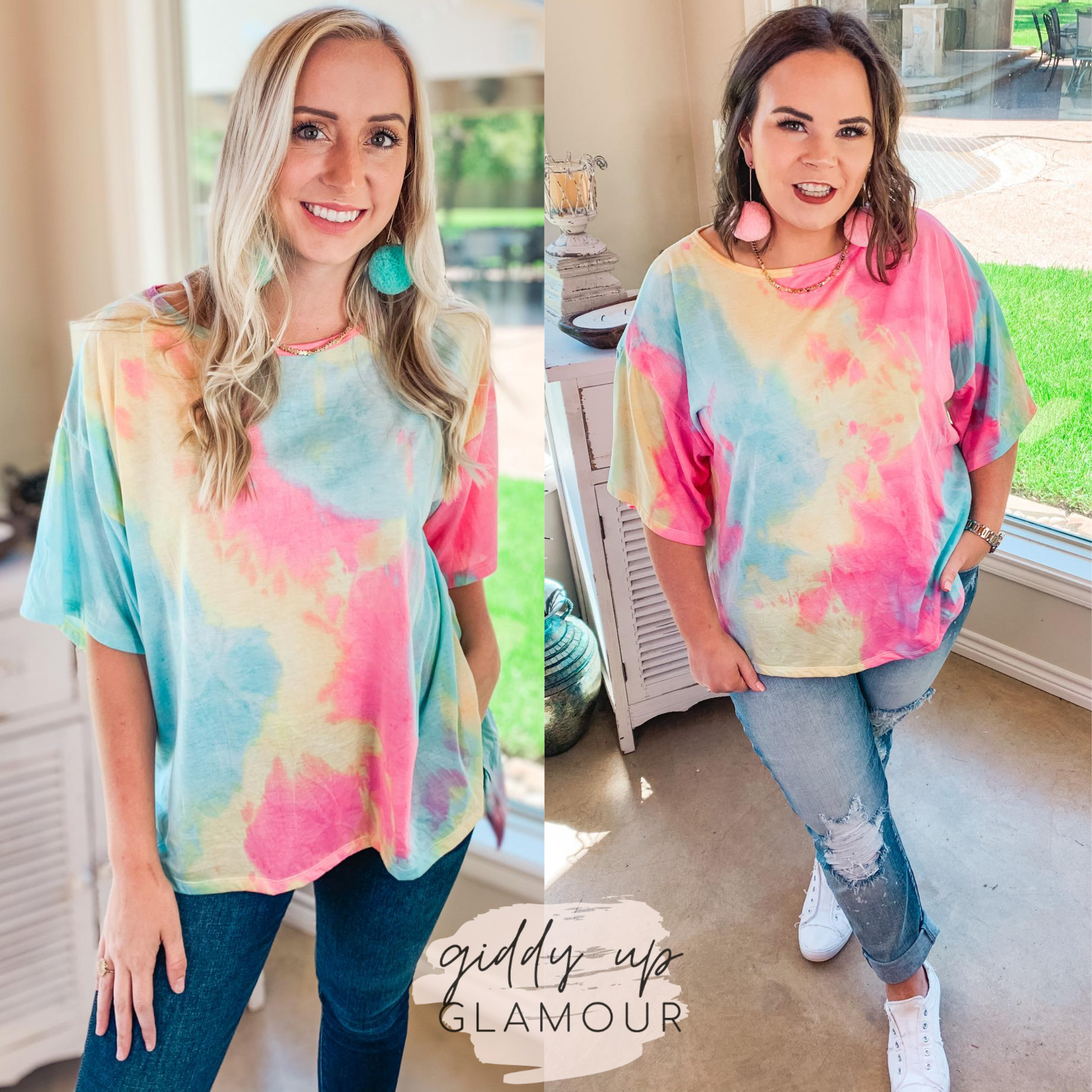 In This Moment Oversized Tie Dye Top with Side Slits in Pink, Yellow, and Blue - Giddy Up Glamour Boutique