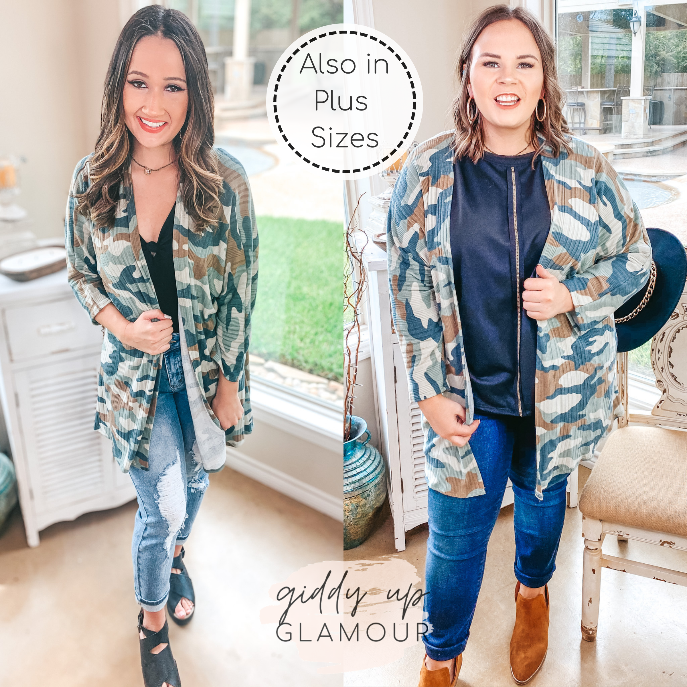 Last Chance Size Small | Don't Wait Up 3/4 Sleeve Open Front Cardigan in Camouflage - Giddy Up Glamour Boutique