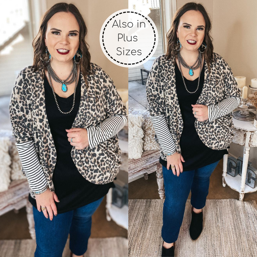 Lining Up Long Sleeve Dolman Cardigan with Striped Sleeves in Leopard - Giddy Up Glamour Boutique