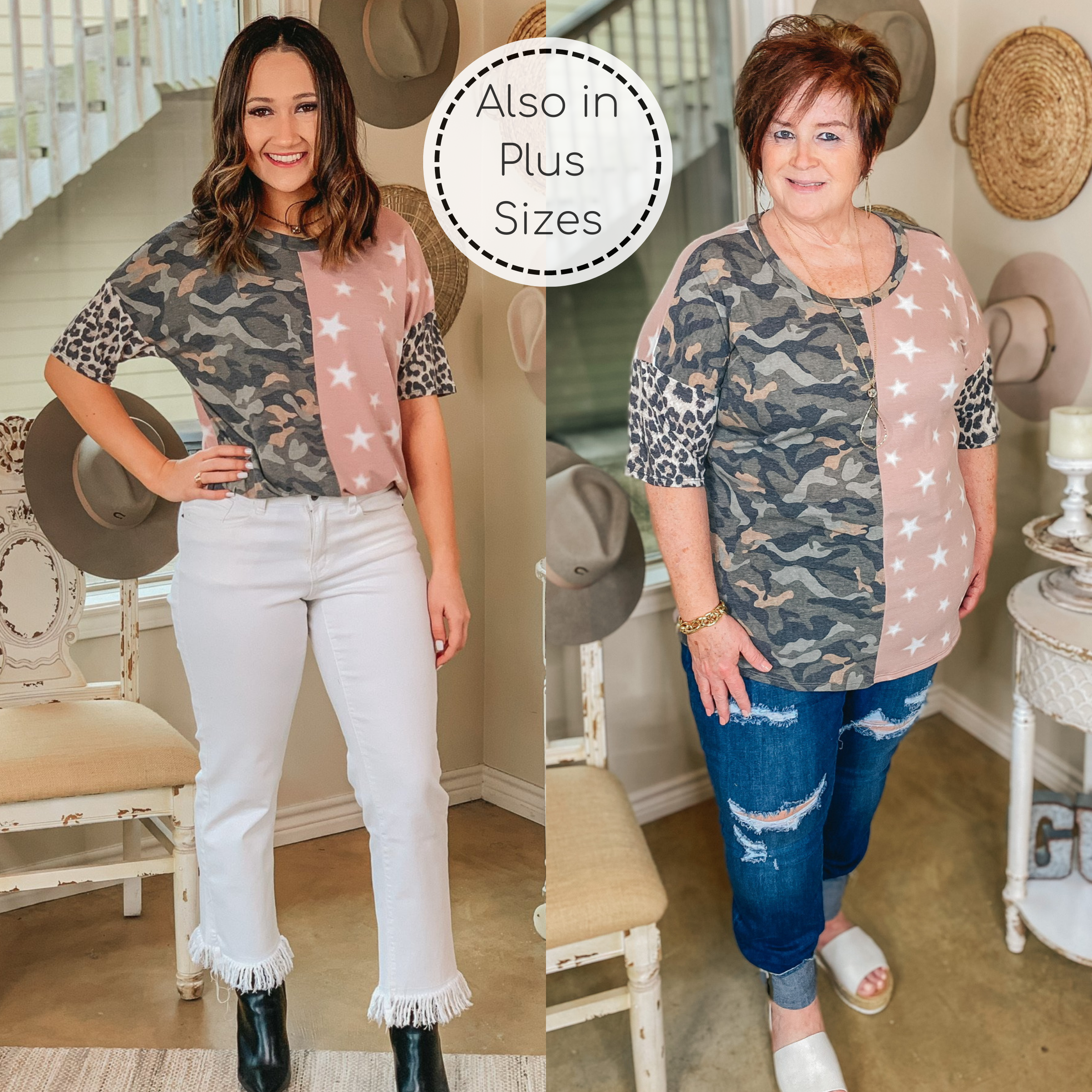 Last Chance Size Small | Counting Stars Camouflage and Star Short Sleeve Print Block Top in Mauve and Olive - Giddy Up Glamour Boutique