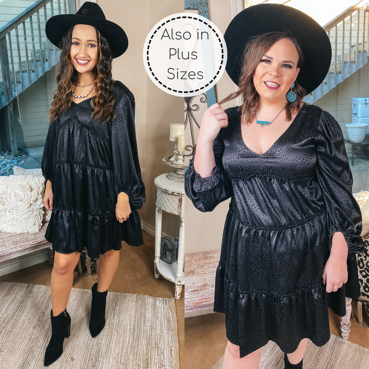 Midnight Shine Dotted Ruffle Tiered Satin Dress with Back Tie in Black - Giddy Up Glamour Boutique