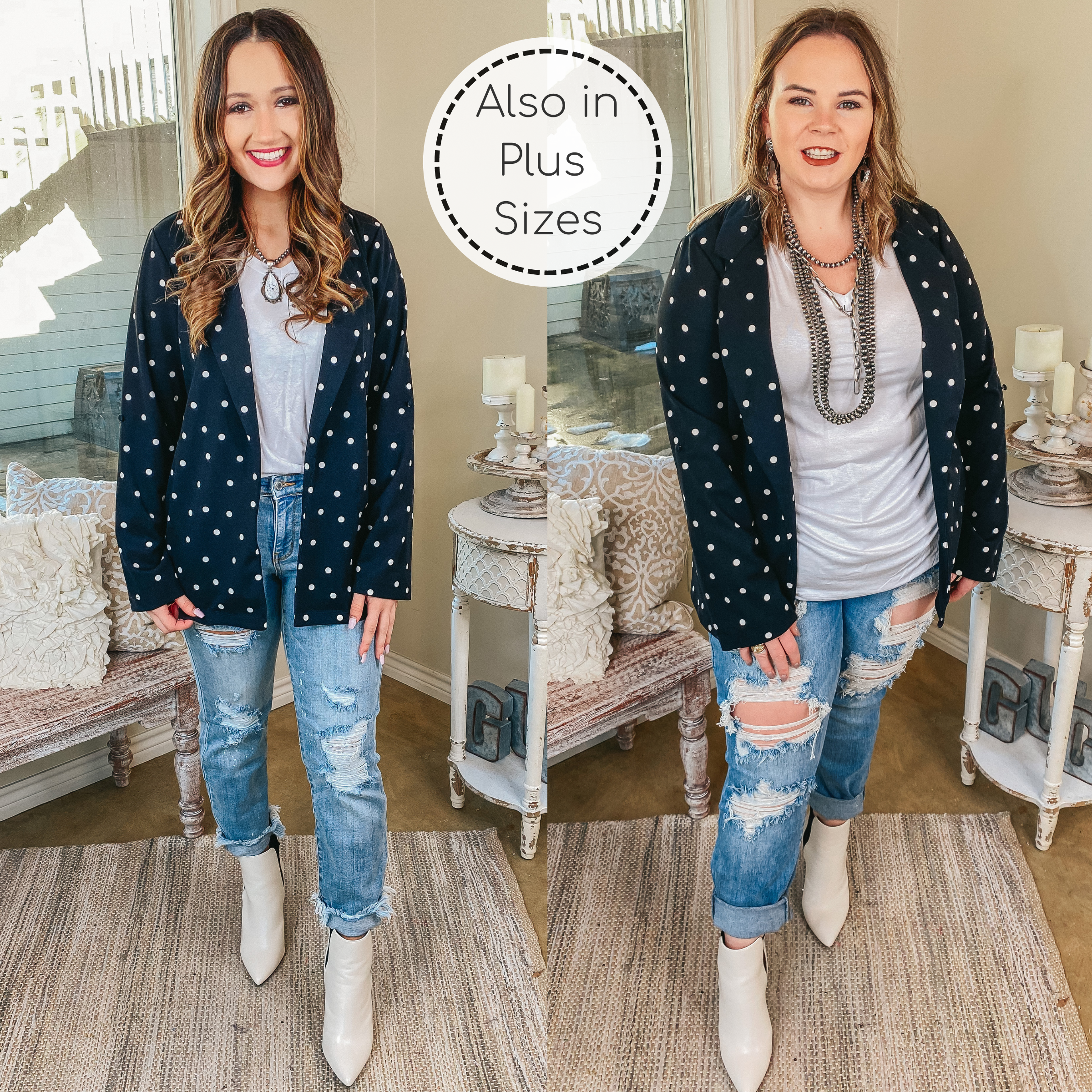 Last Chance Size S & M | Out Of Office Polka Dot Open Front Blazer with Long Sleeves in Black