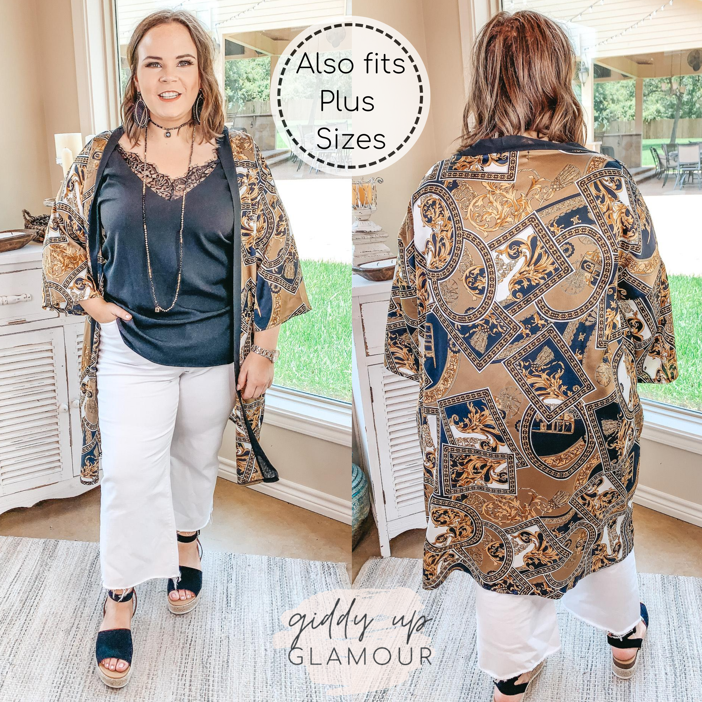 One Sure Way Baroque Print Kimono in Black and Gold - Giddy Up Glamour Boutique