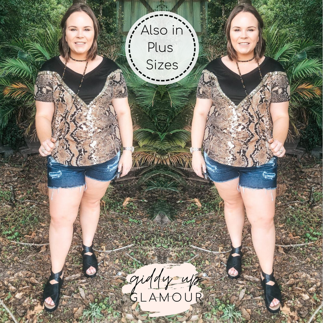 Last Chance Small and Medium | Keeping The Vibe V Neck Tee with Sequin Detailing in Snakeskin and Black - Giddy Up Glamour Boutique
