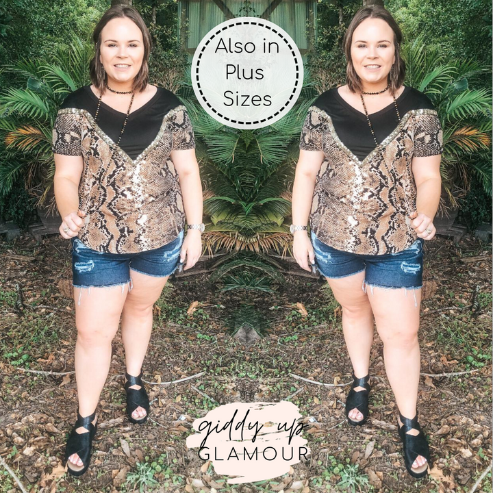 Last Chance Small and Medium | Keeping The Vibe V Neck Tee with Sequin Detailing in Snakeskin and Black - Giddy Up Glamour Boutique