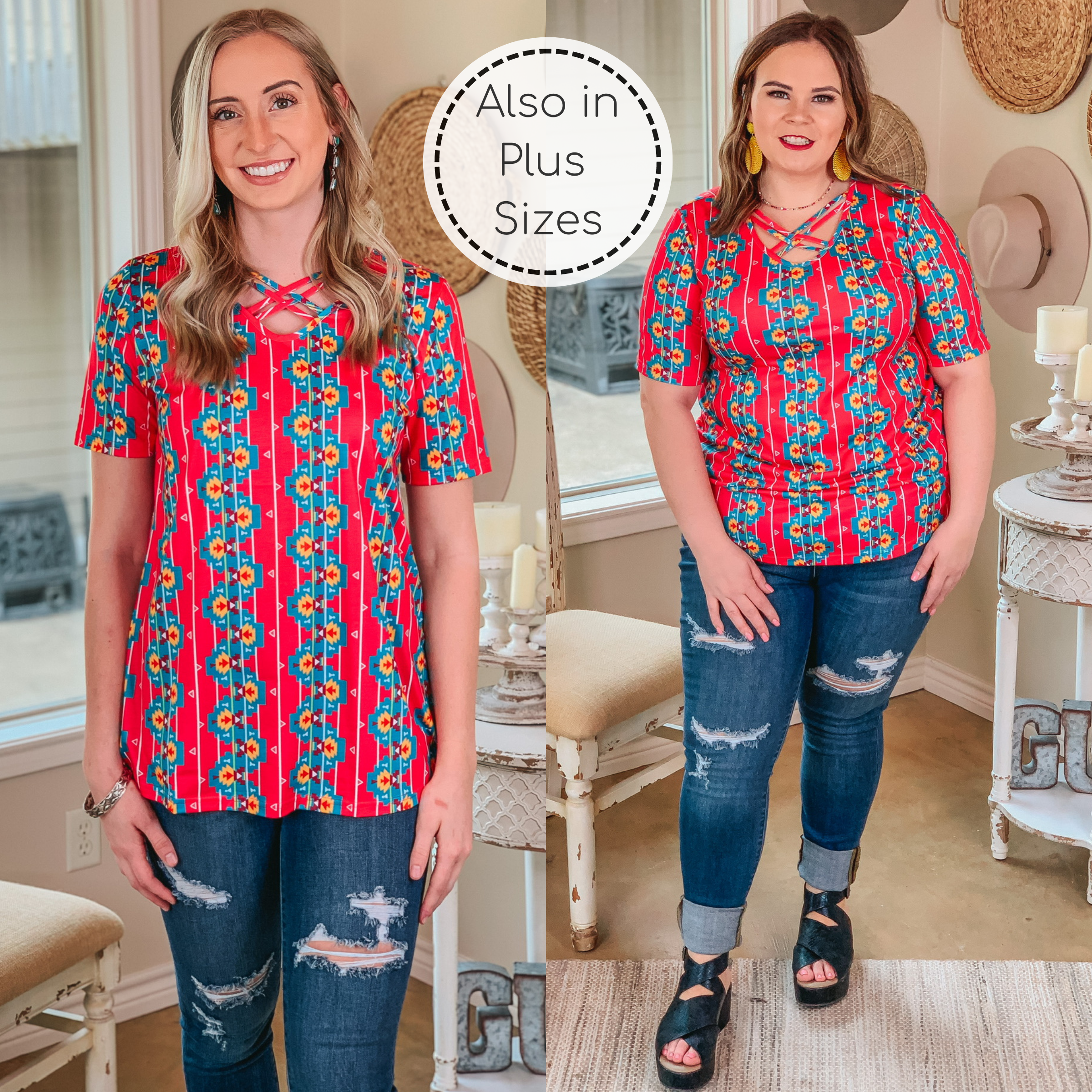 Last Chance Size Small | Take Me to Tucson Criss-Cross Neck Aztec Print Top in Hot Pink - Giddy Up Glamour Boutique