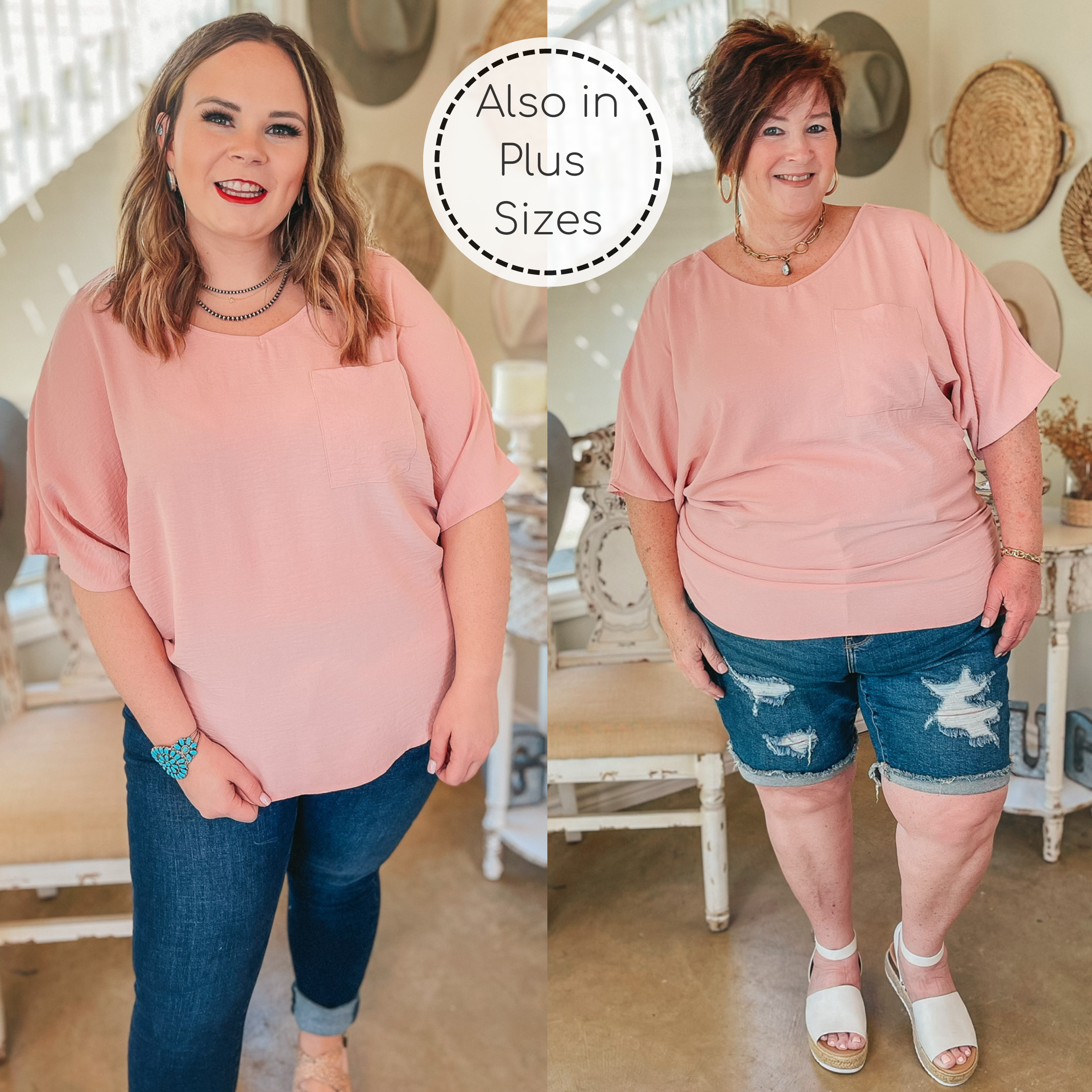 On Record V Neck Short Sleeve Shift Top with Front Pocket in Baby Pink - Giddy Up Glamour Boutique