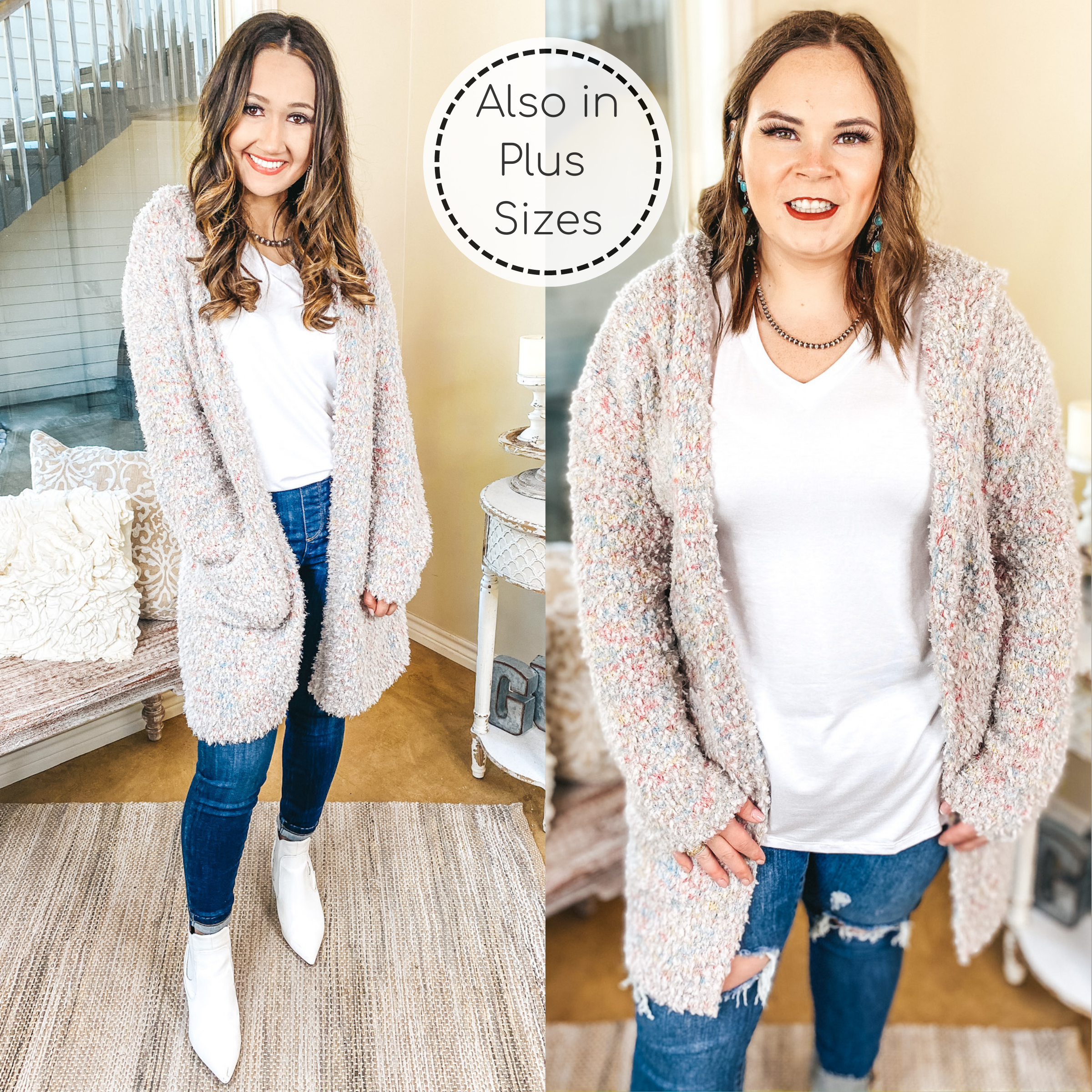 Cotton Candy Dreams Hooded Cardigan with Multi Stitching in Grey - Giddy Up Glamour Boutique