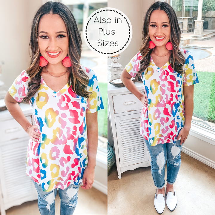 Last Chance Size Small & Med. | Keep Things Simple Large Leopard Print V Neck Tee in Multi - Giddy Up Glamour Boutique