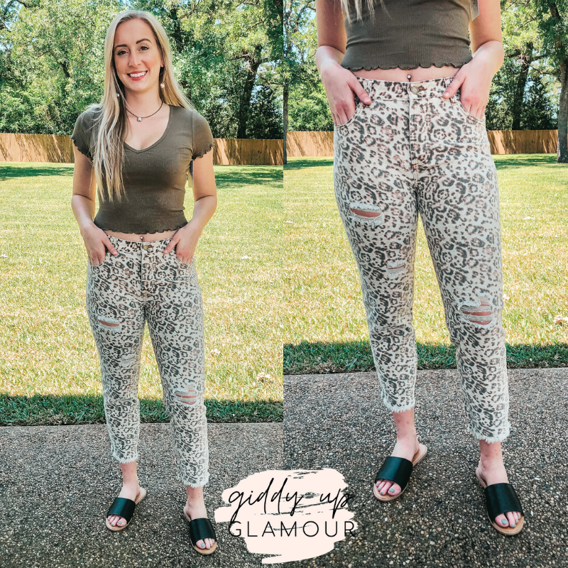On The Upward High Waisted Distressed Boyfriend Jeans in Leopard - Giddy Up Glamour Boutique