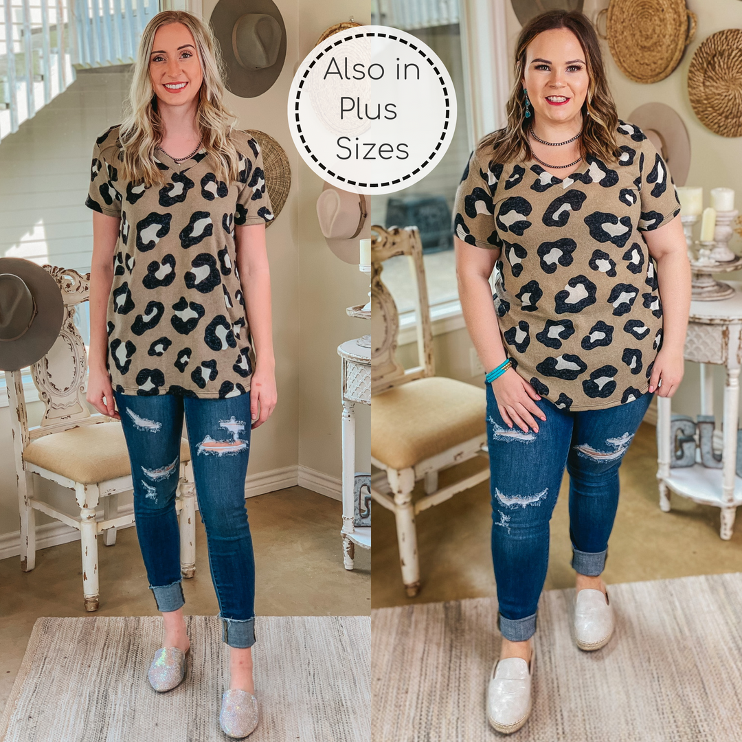 Keep Things Simple Large Leopard V Neck Tee Shirt in Taupe - Giddy Up Glamour Boutique