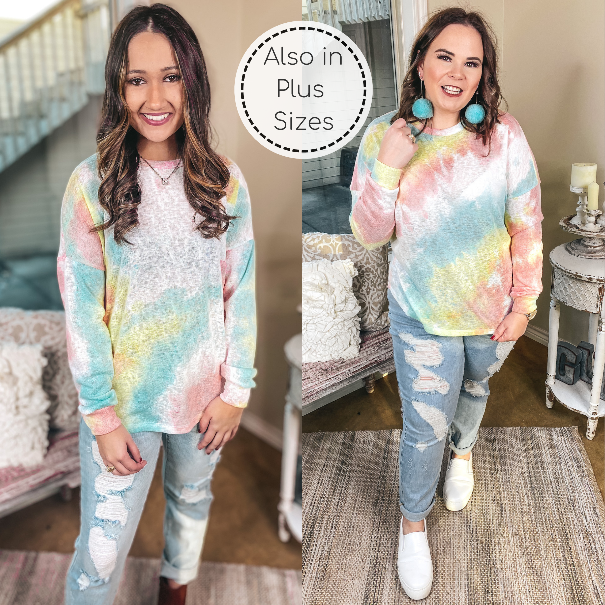 Last Chance Size S/M & M/L | Lighten Up Tie Dye Long Sleeve Top in Mint and Coral - Giddy Up Glamour Boutique