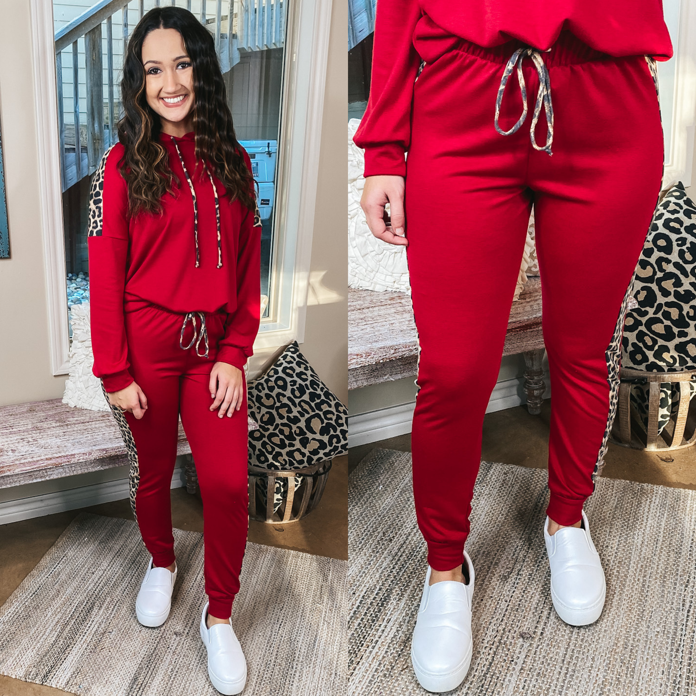 Lounge Queen Drawstring Joggers with Leopard Sides in Red - Giddy Up Glamour Boutique