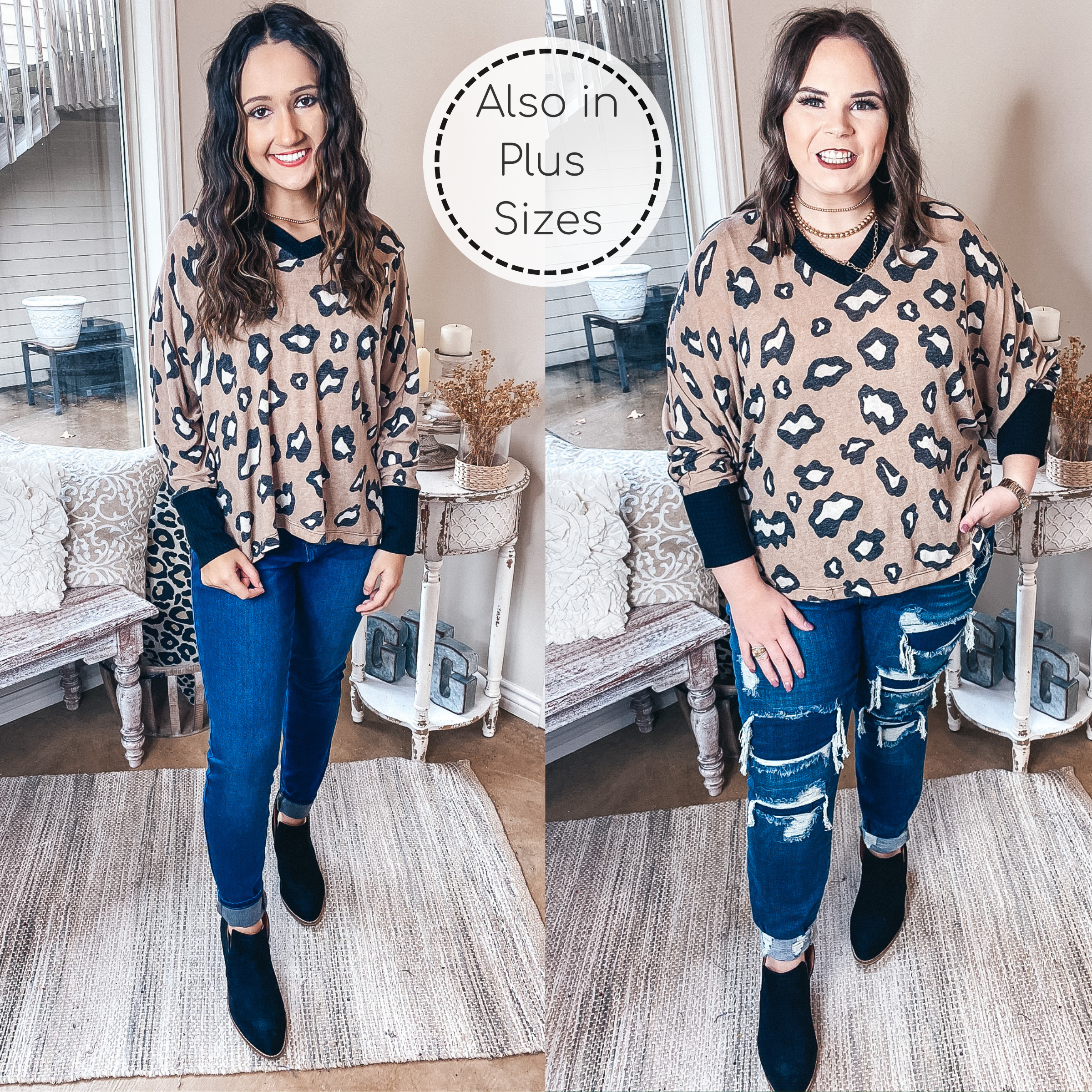 Wild In Love Waffle Knit Trim  Leopard Dolman Top in Mocha Brown - Giddy Up Glamour Boutique