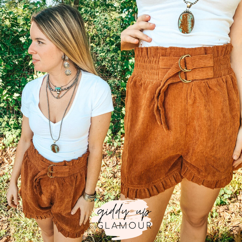 Last Chance Size Medium | Good Thing About It Corduroy Paper Bag Shorts in Rust - Giddy Up Glamour Boutique