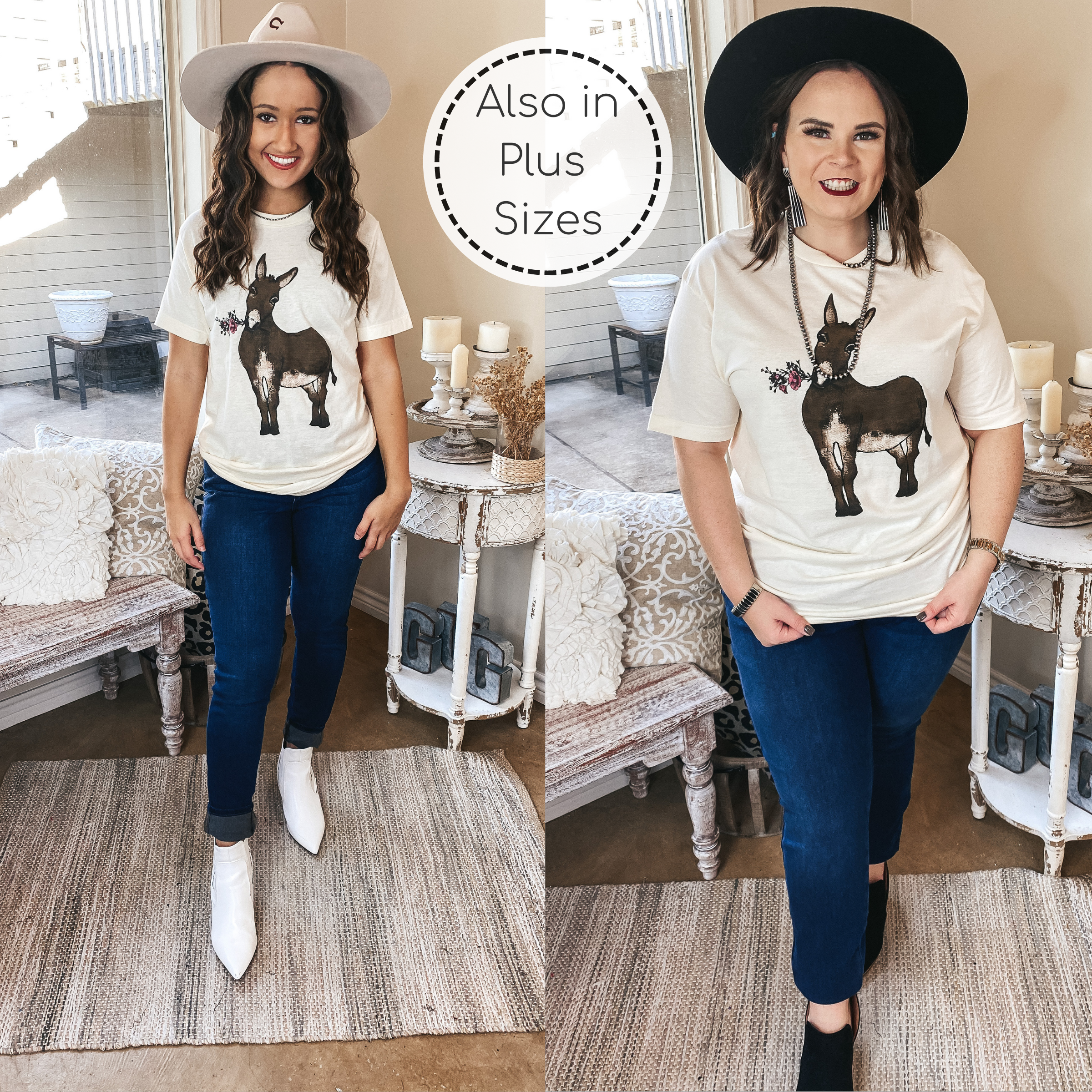 Bouquet Burro Graphic Tee with Pink Crystal Accents in Ivory - Giddy Up Glamour Boutique
