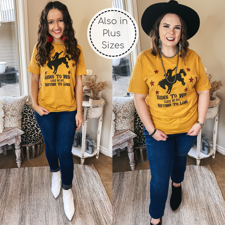 Ridin' To Win Bucking Horse Graphic Tee with Red Stars in Mustard Yellow - Giddy Up Glamour Boutique